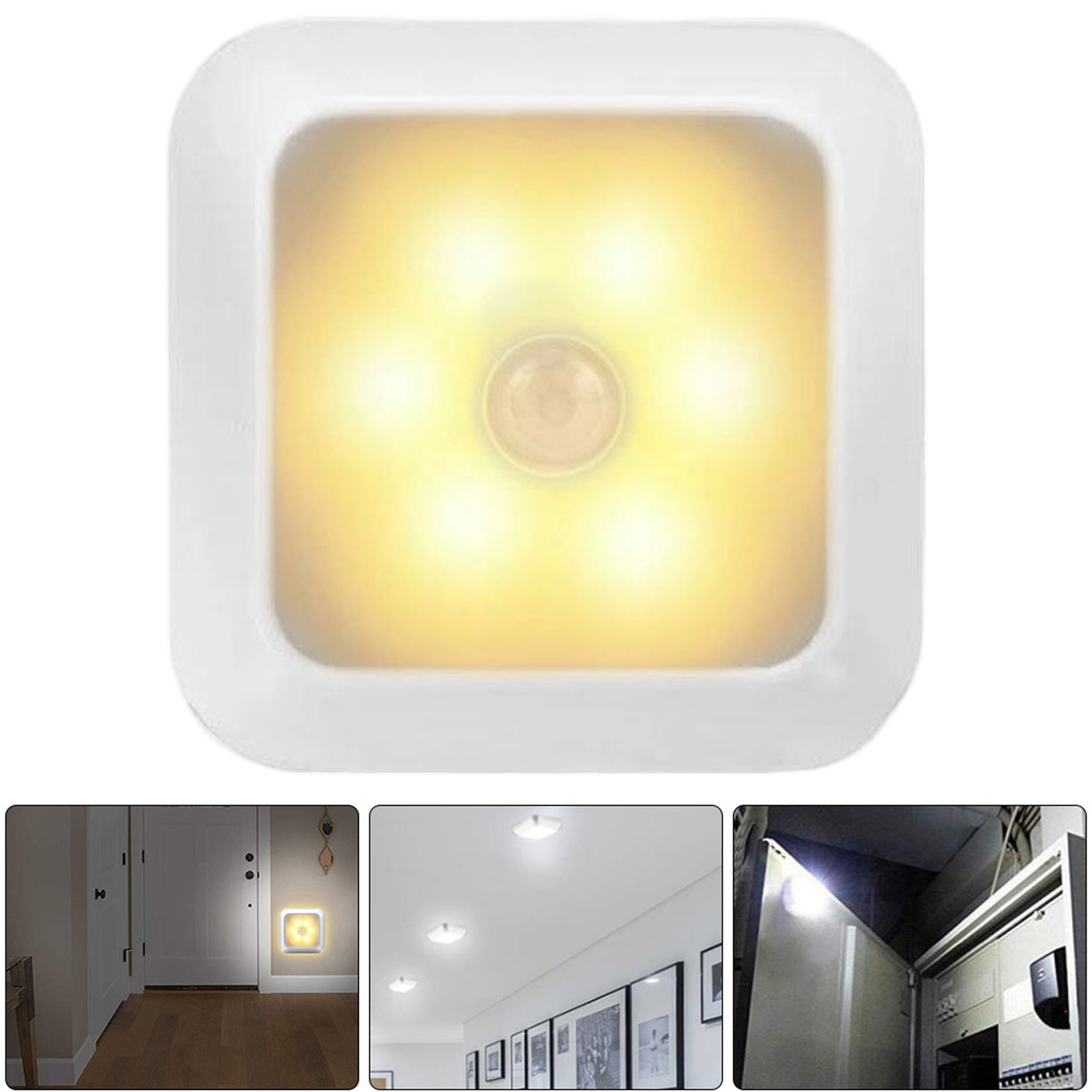 Ein weißes Nachtlicht mit sechs LEDs und einem Bewegungssensor in der Mitte.