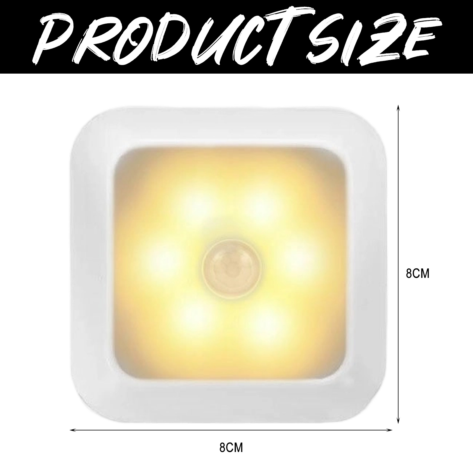 Ein weißes quadratisches Licht mit 6 LEDs und Sensor, 8cm x 8cm.
