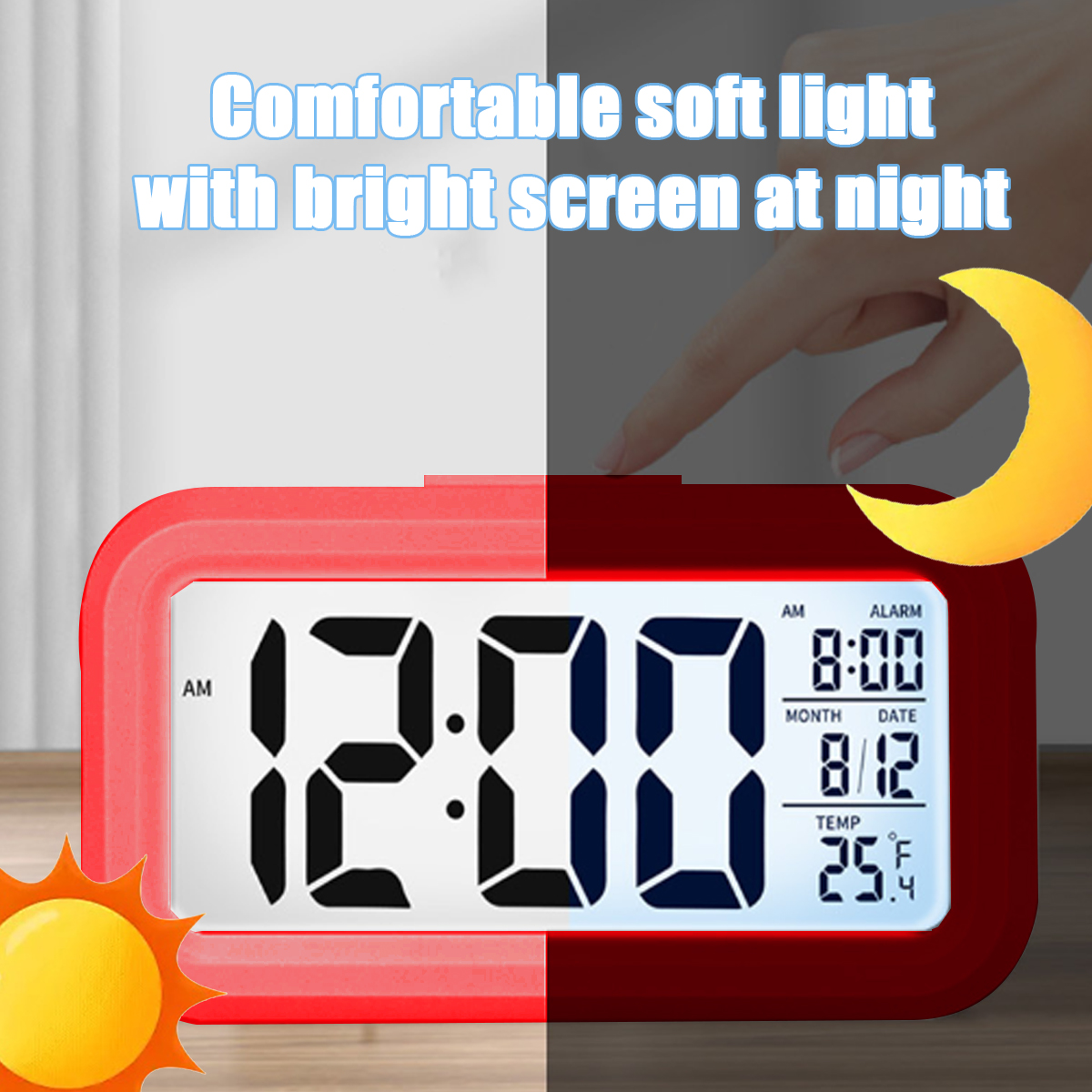 Ein roter Digitalwecker zeigt 12:00 Uhr an. Ein Mond ist rechts, eine Sonne links.
