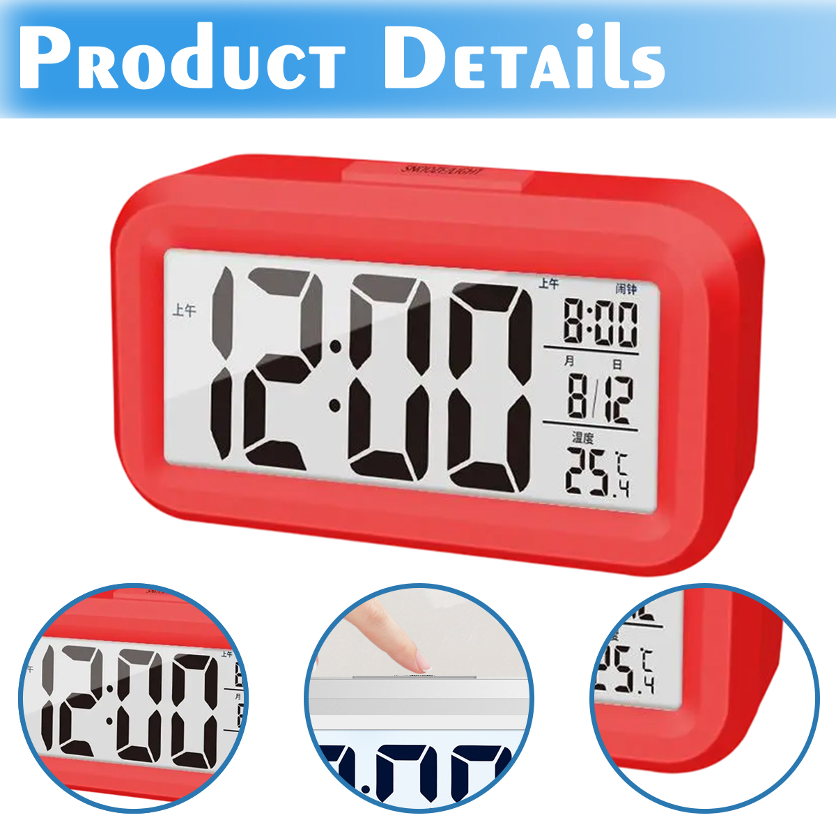 Ein roter Digitalwecker mit großer Anzeige zeigt 12:00. Nebenzeit, Datum und Temperatur.