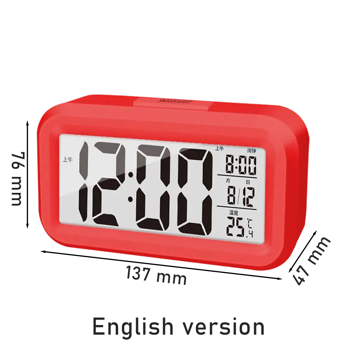 Ein roter Digitalwecker zeigt 12:00. Daneben steht 8:00, 8/12 und 25.5°C.