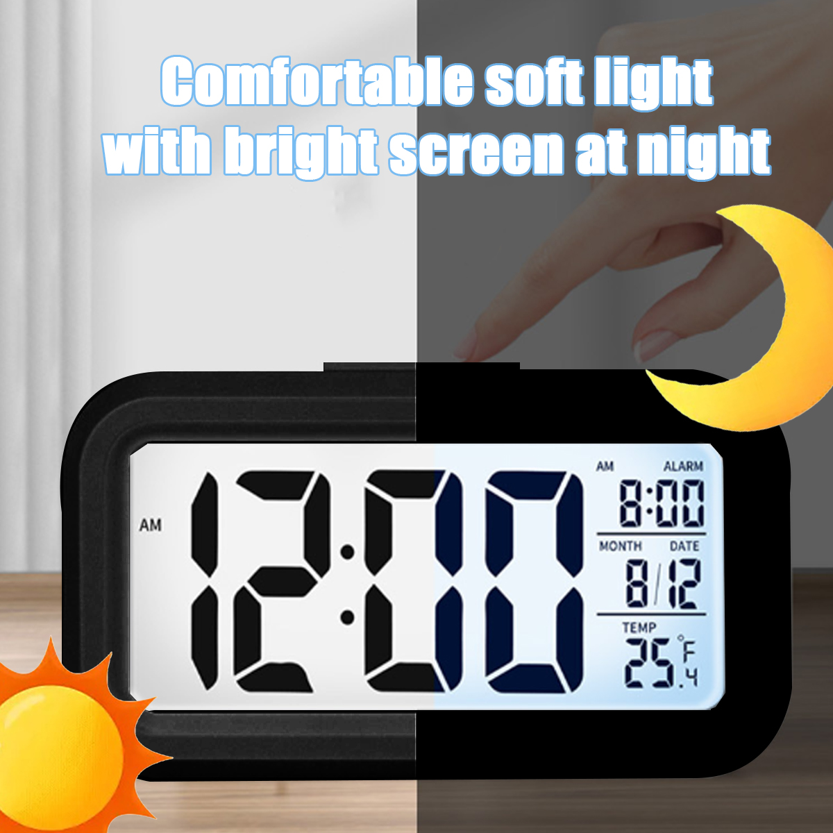 Digitaler Wecker zeigt 12:00 Uhr, Alarm 8:00, Datum 8/12, 25.4°C.