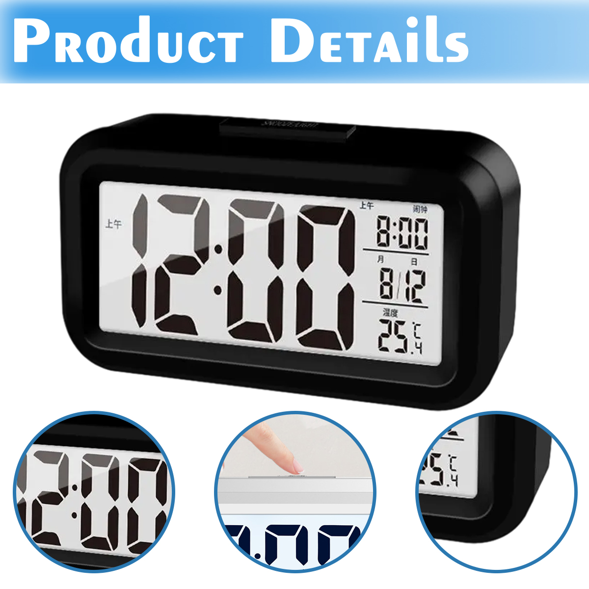Schwarzer Digitalwecker zeigt 12:00, 8:00, 8. Dez. und 25°C an.