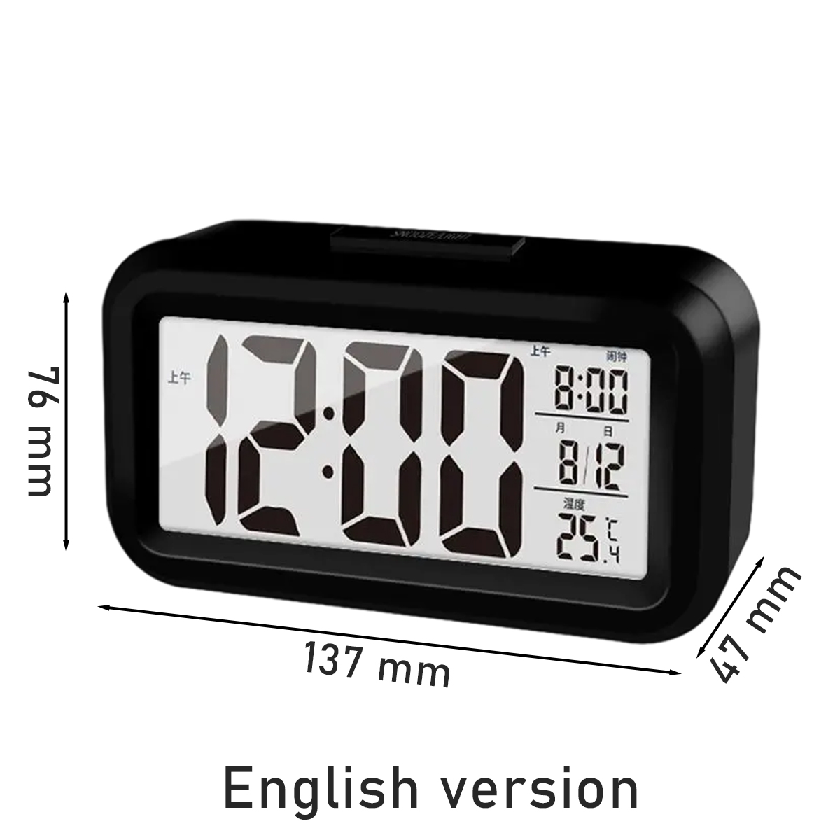 Ein schwarzer Digitalwecker zeigt 12:00 Uhr an. Maße sind 137x76x47 mm.