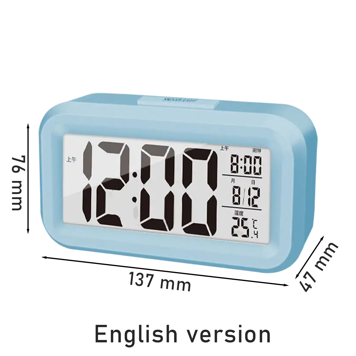 Ein hellblauer digitaler Wecker zeigt 12:00 Uhr, 8:00 Uhr, 8. Dez und 25,9 °C an.