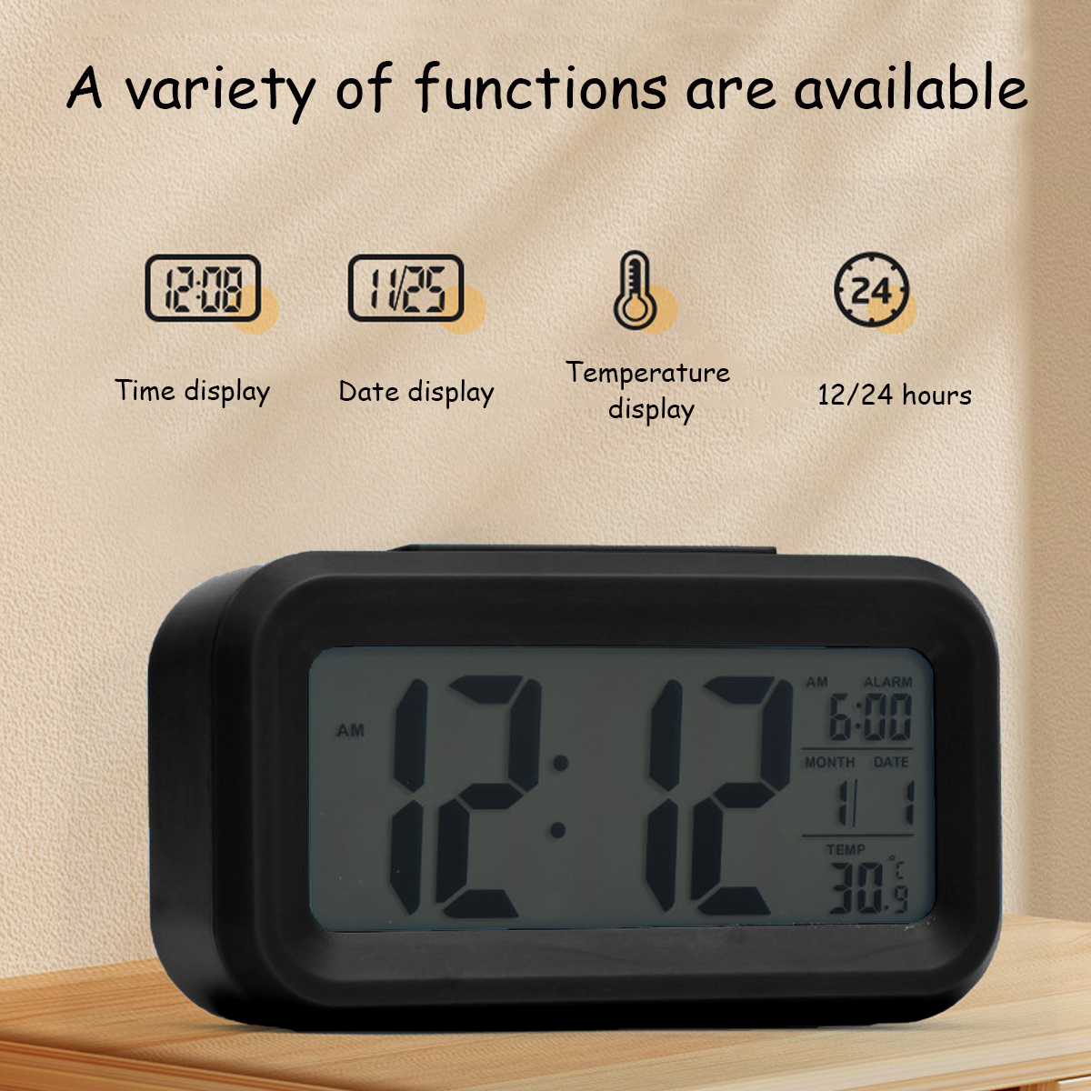Ein schwarzer digitaler Wecker zeigt 12:12 Uhr und 30,9°C an.
