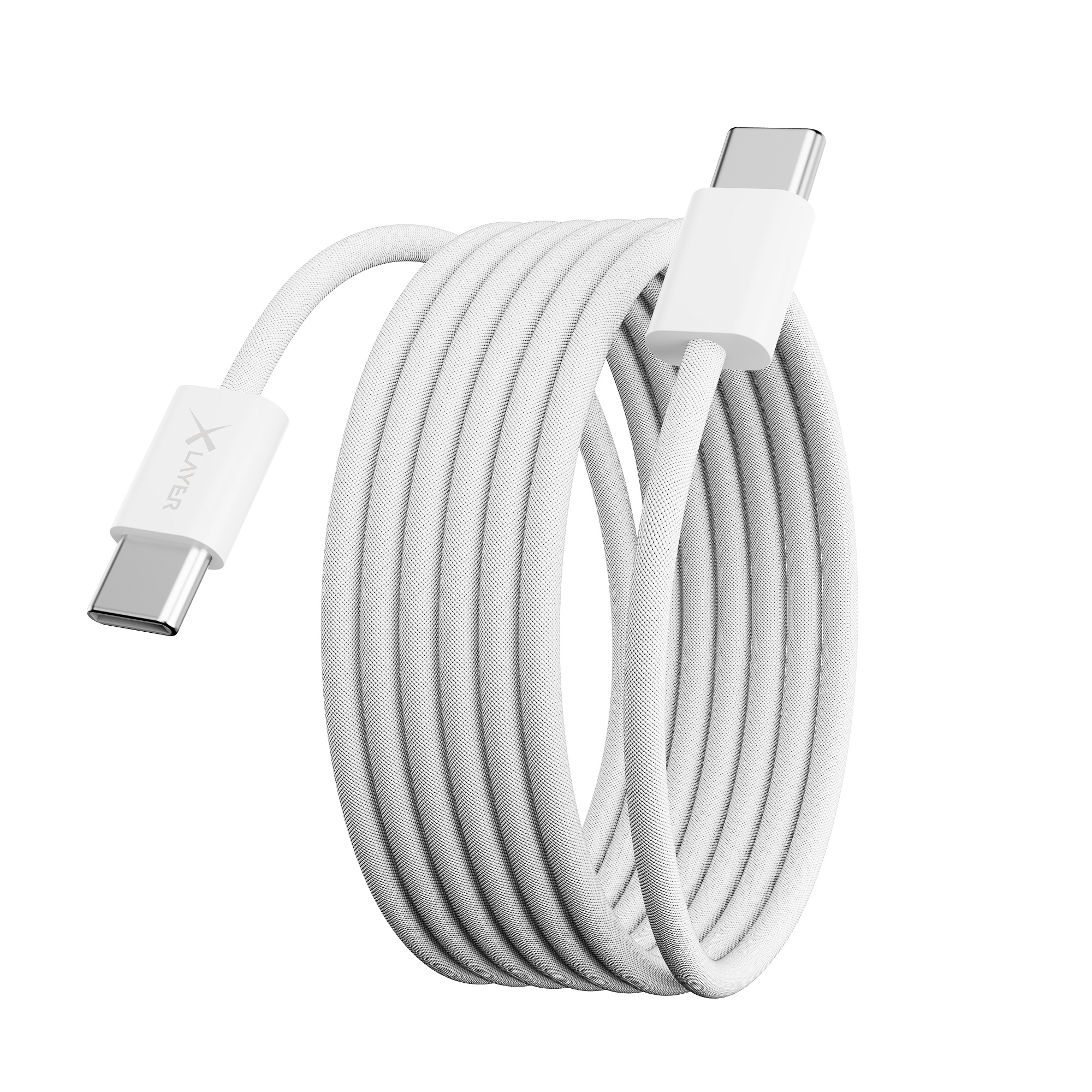 Ein weißes USB-C-Kabel mit Stoffummantelung, aufgerollt, mit silbernen Anschlüssen.