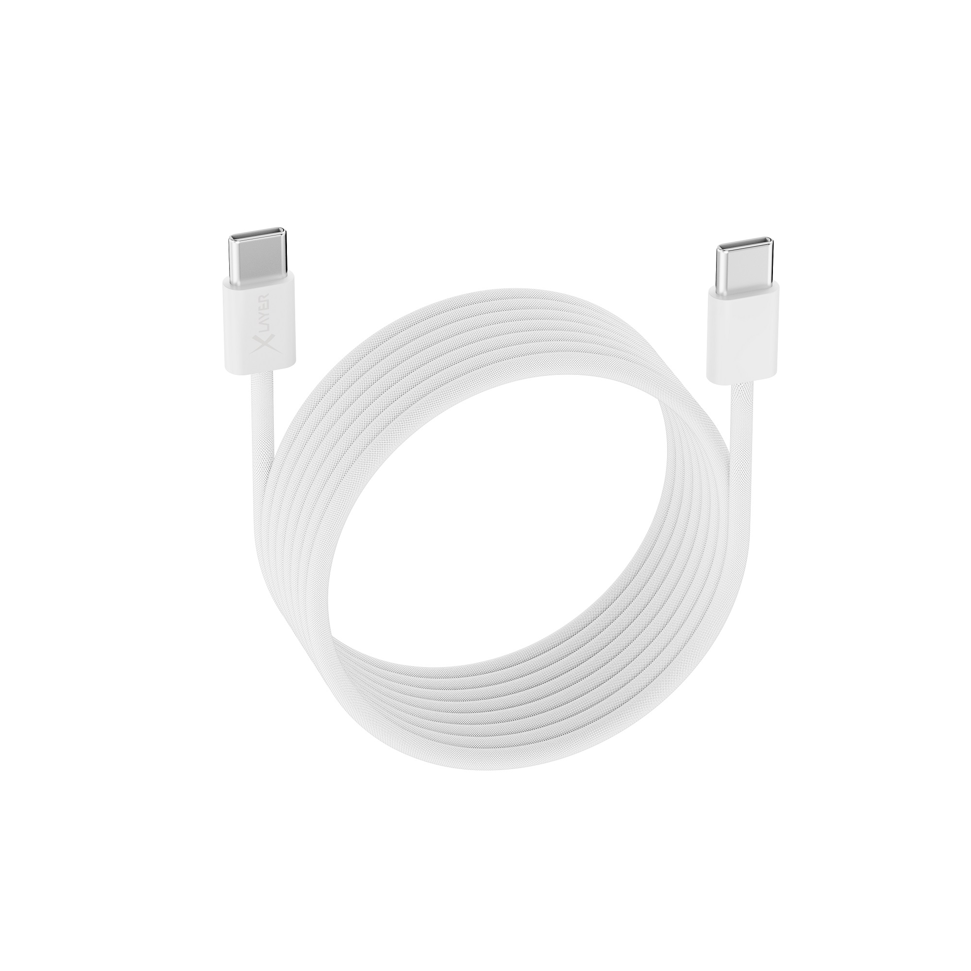 Ein weißes USB-C-Kabel mit silbernen Anschlüssen, aufgerollt auf weißem Hintergrund.