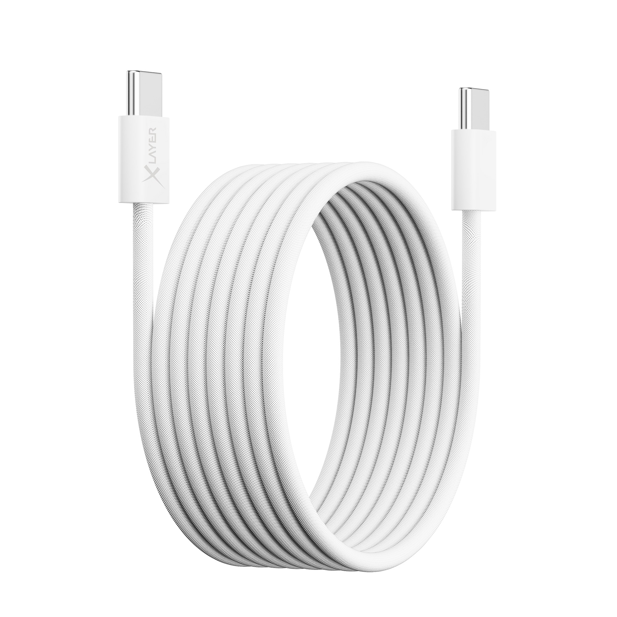 Weißes USB-C-Kabel mit Stoffummantelung und beiden Anschlüssen.