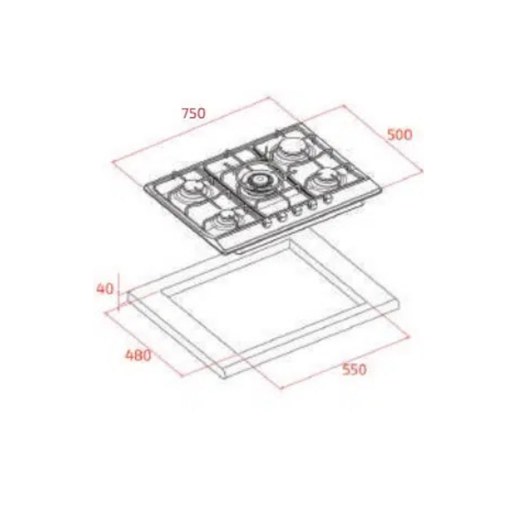 Gazlı ocak teknik çizimi boyutlarıyla, 750x500mm.