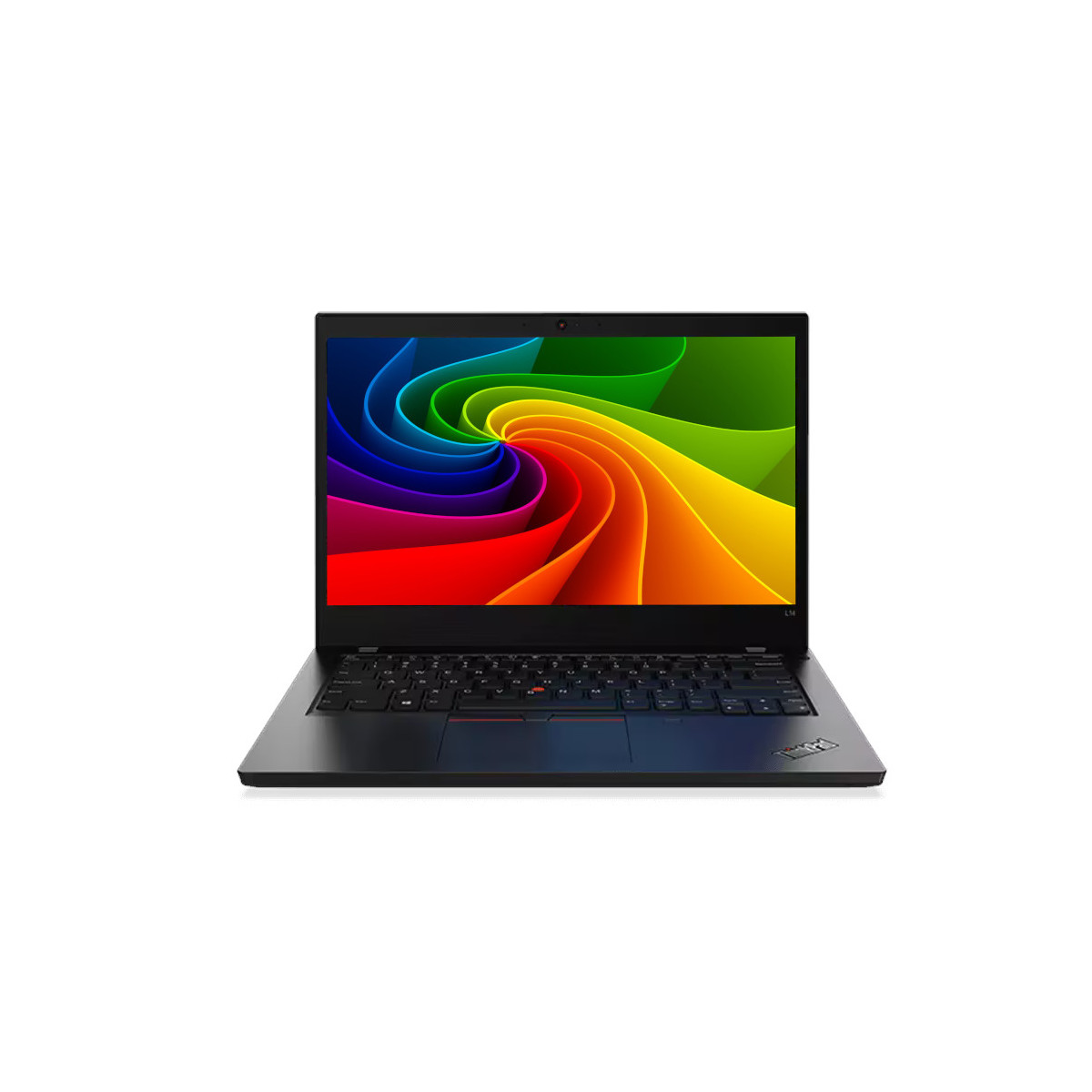 Ein schwarzer Laptop mit einem bunten, wirbelnden Hintergrundbild auf dem Bildschirm.