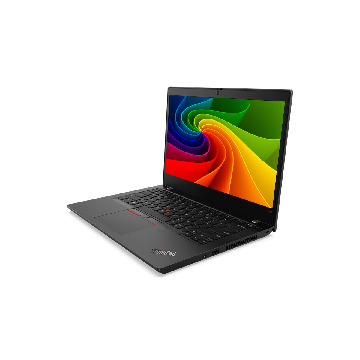 Ein schwarzer ThinkPad-Laptop ist geöffnet und zeigt einen bunten, wirbelnden Bildschirmschoner.