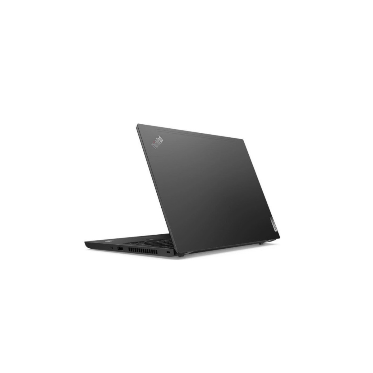 Ein geschlossener, schwarzer Laptop mit ThinkPad-Logo, von der Seite gesehen.