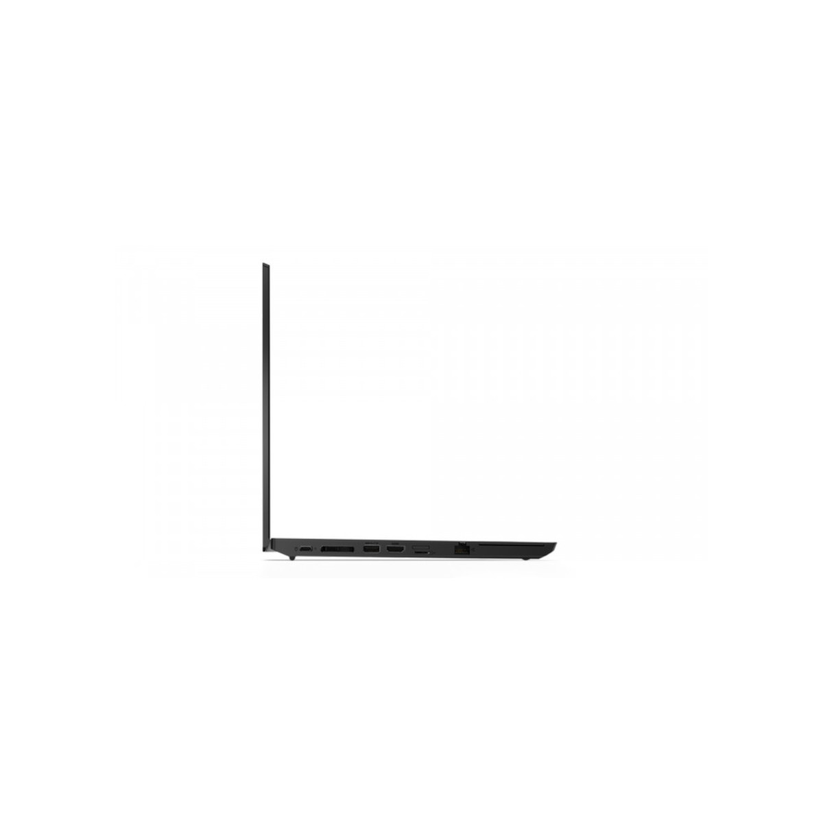 Schwarzer Laptop von der Seite mit Anschlüssen an der Unterseite.