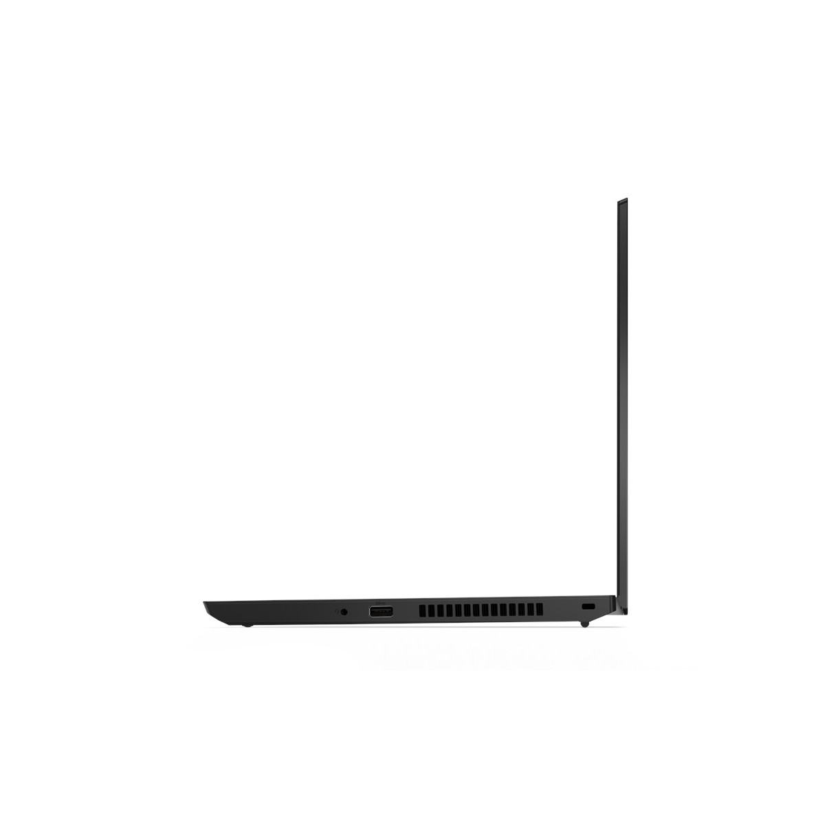 Schwarzer Laptop von der Seite, mit Blick auf USB-Anschlüsse und Lüftungsschlitze.