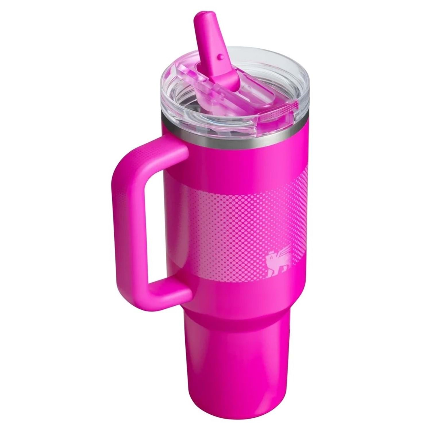 Saplı ve pipetli kapaklı pembe termos bardak.