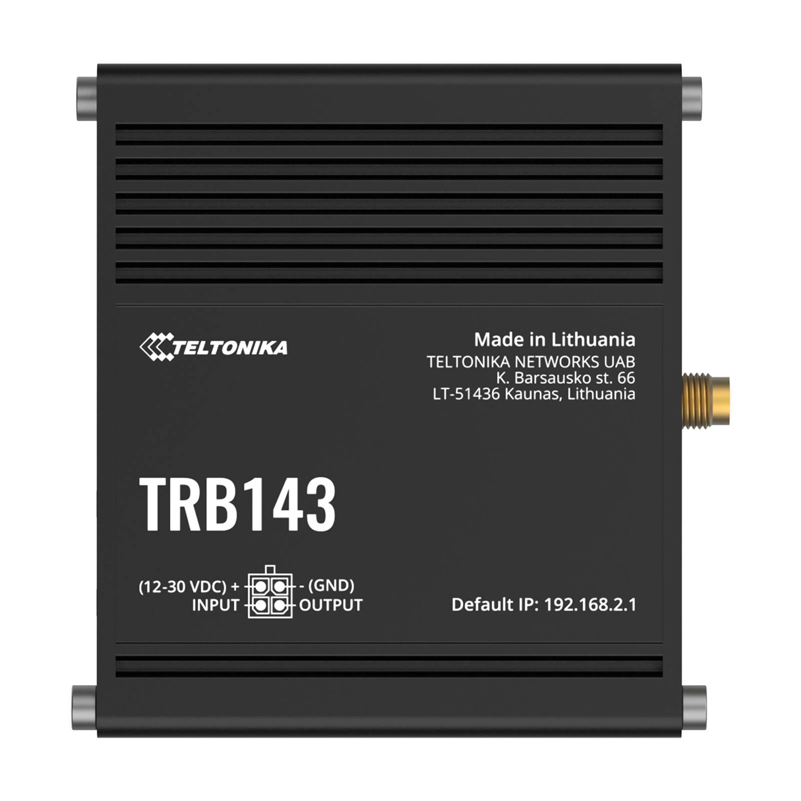 Dispositivo nero Teltonika TRB143 con porte e indirizzo IP.