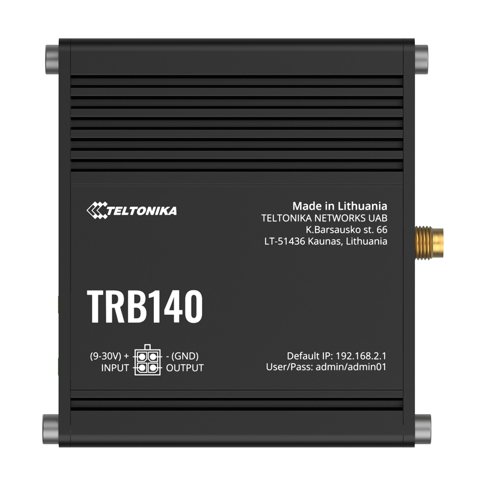 Appareil noir Teltonika TRB140 avec ports et étiquettes.