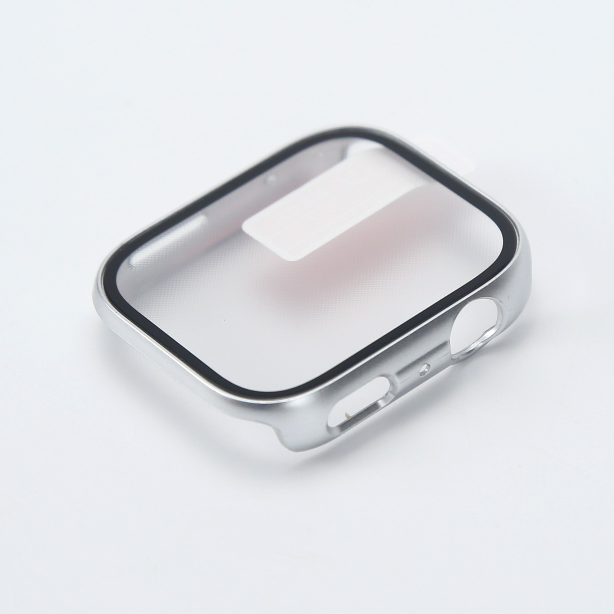 Custodia argentata per Apple Watch con area schermo trasparente e ritagli laterali.