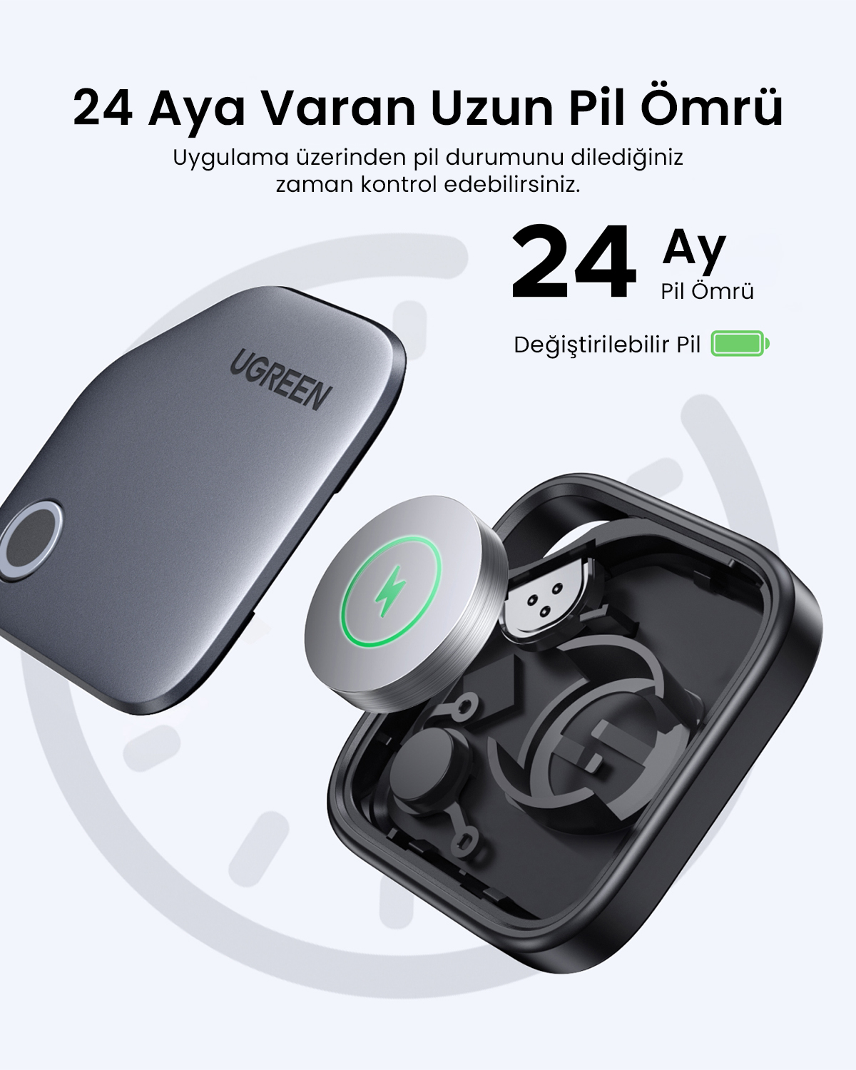 Szare urządzenie UGREEN z wymienną baterią i etui ładującym. 24 miesiące żywotności baterii.