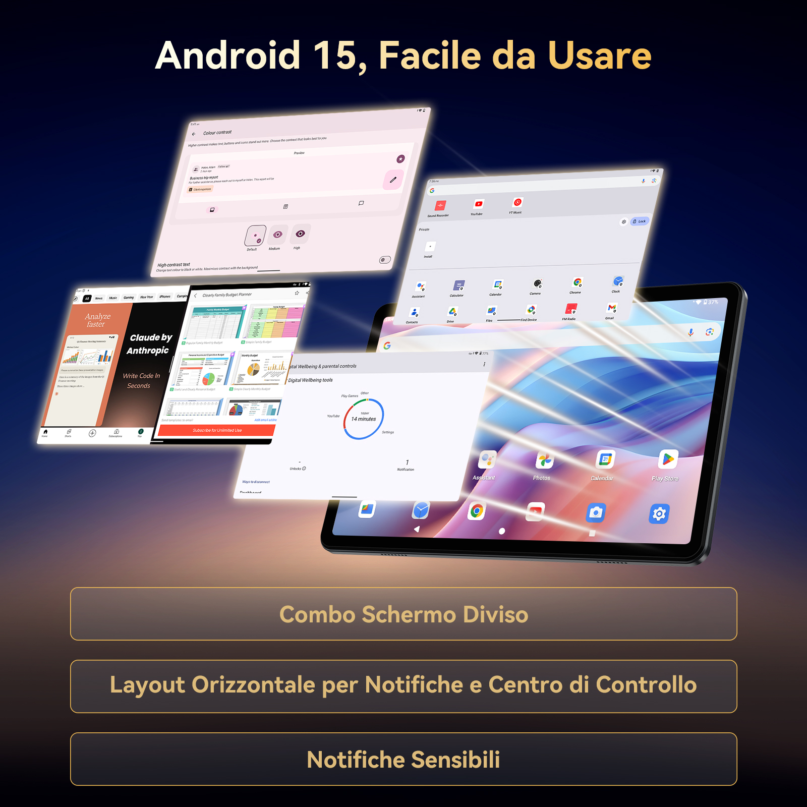 Android 15 su tablet che mostra varie app e impostazioni.