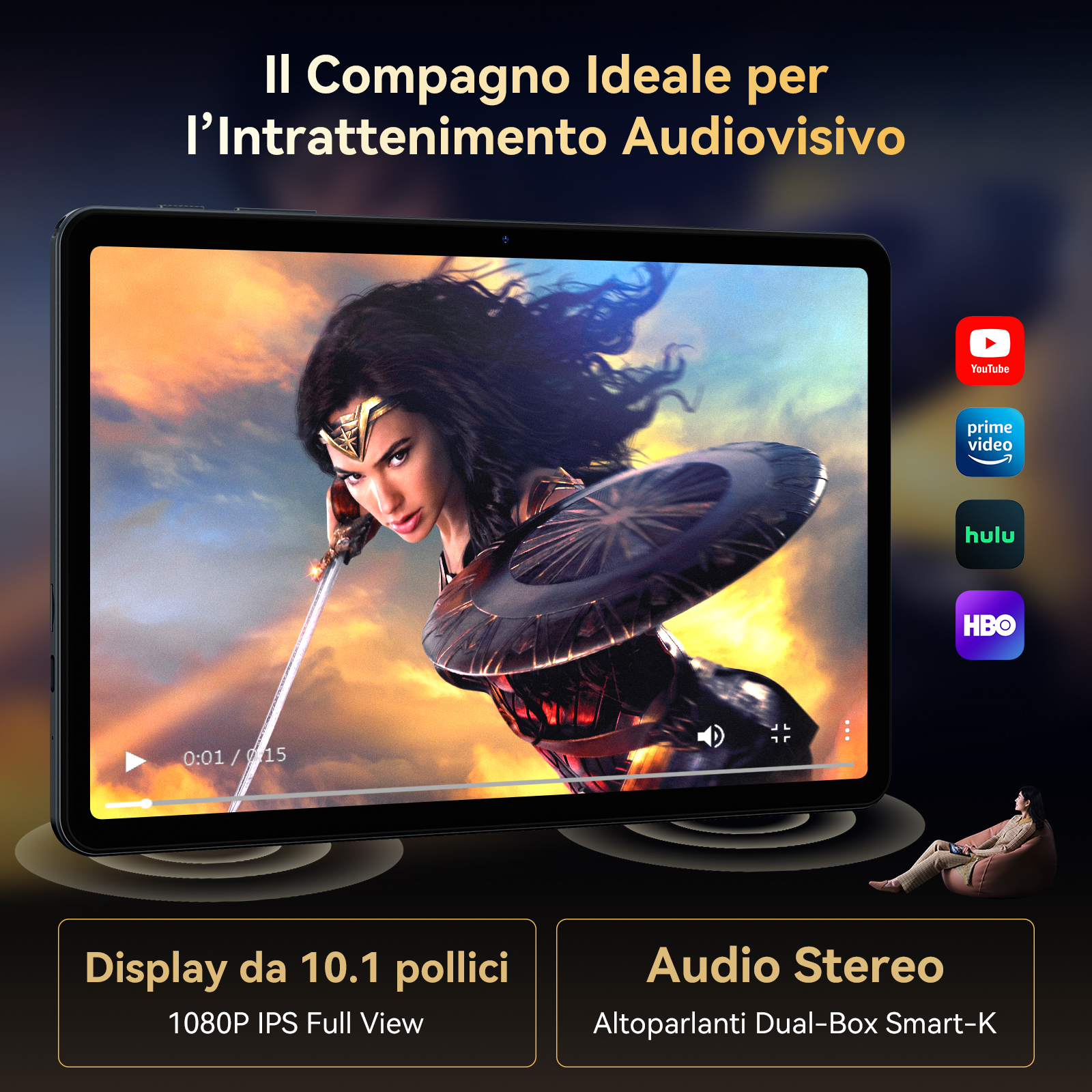 Tablet mostra Wonder Woman; app di streaming: YouTube, Prime Video, Hulu, HBO.
