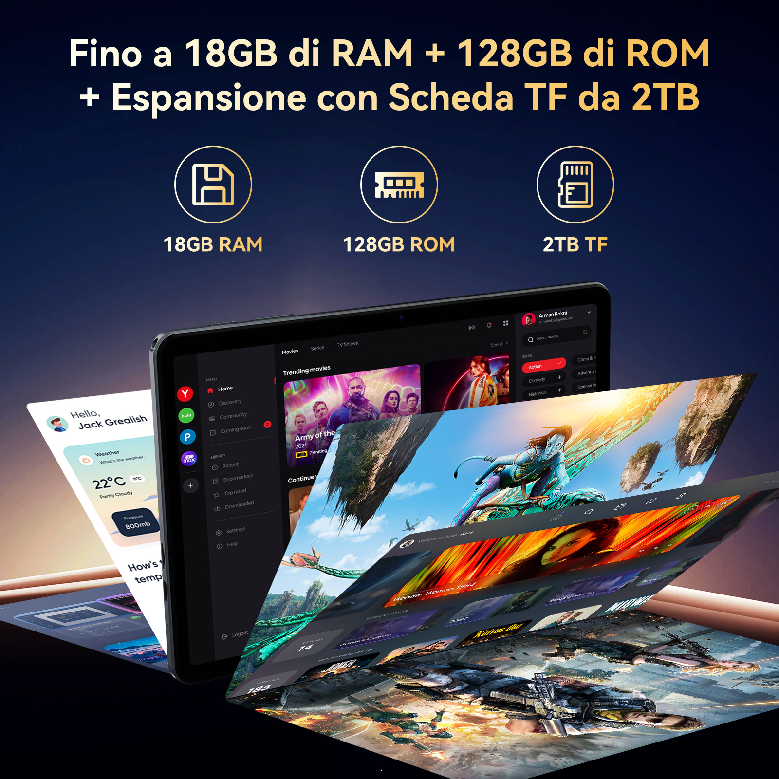 Tablet mostra RAM, ROM, TF specs e app di streaming come Avatar, Wonder Woman.