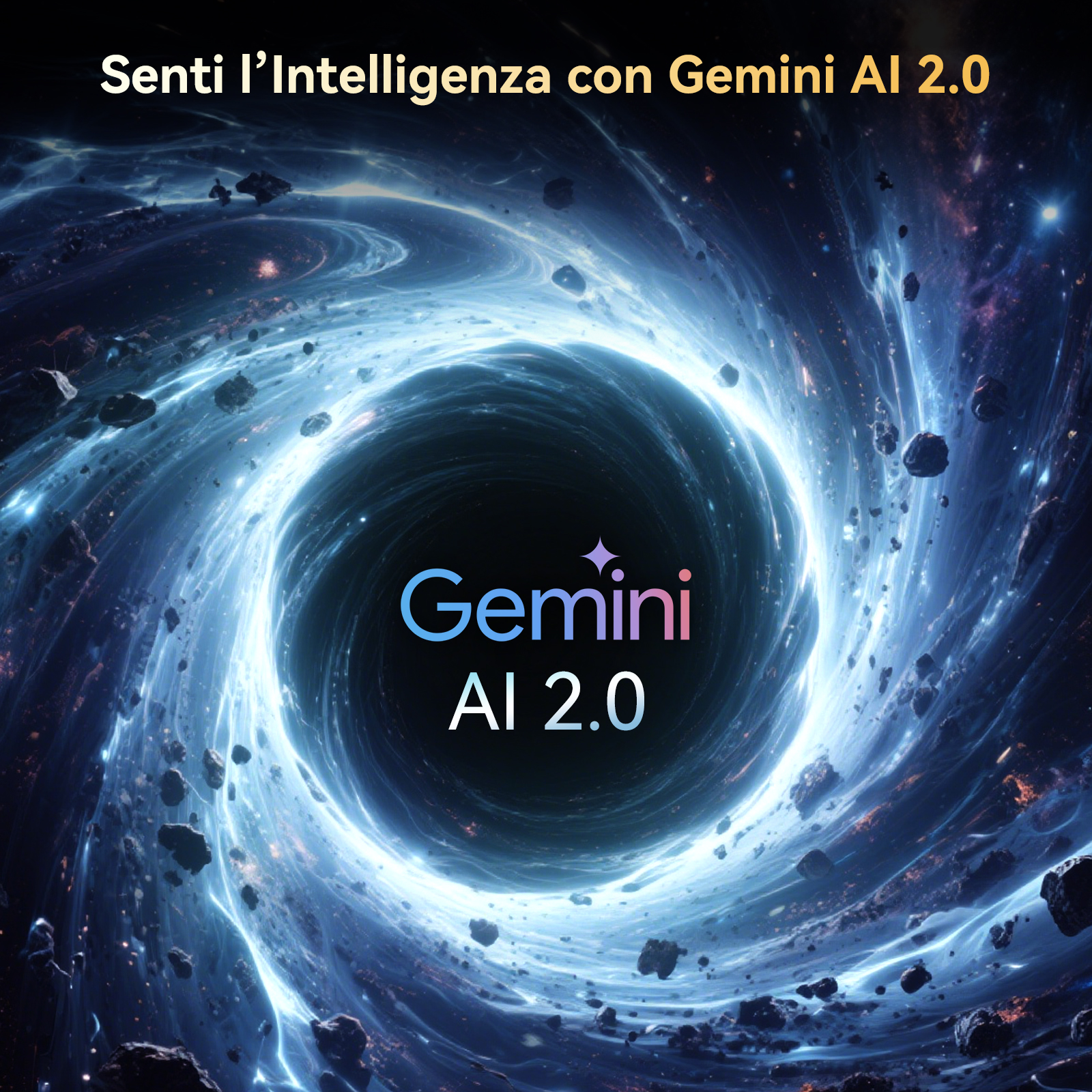 Un vortice cosmico con testo 'Gemini AI 2.0' al centro.