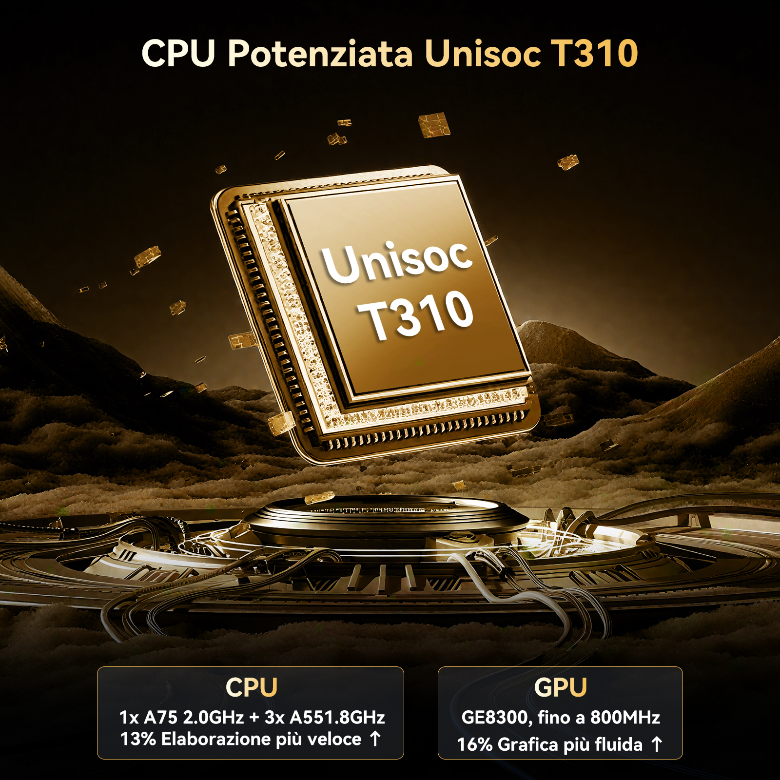 Chip dorato Unisoc T310 su sfondo futuristico con montagne.