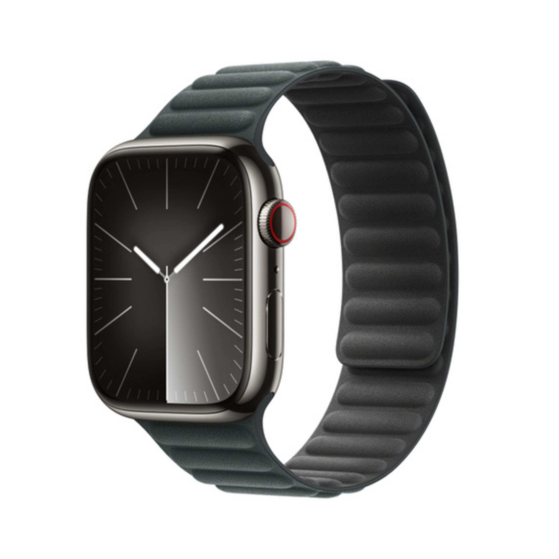Eine dunkle Smartwatch mit einem schwarzen Lederarmband, das auf einer weißen Fläche liegt.