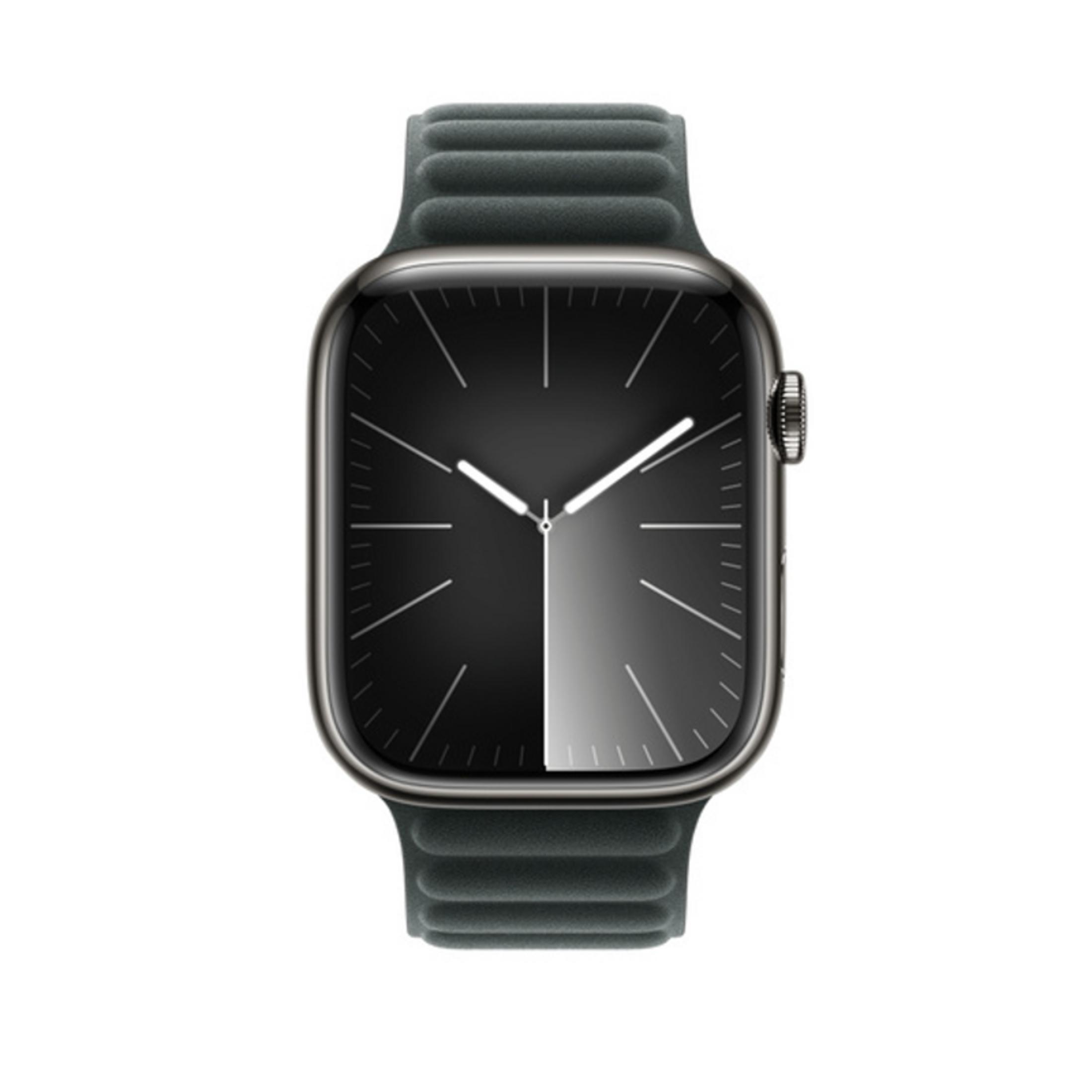 Eine graue Smartwatch mit einem schwarzen Zifferblatt und weißen Zeigern.