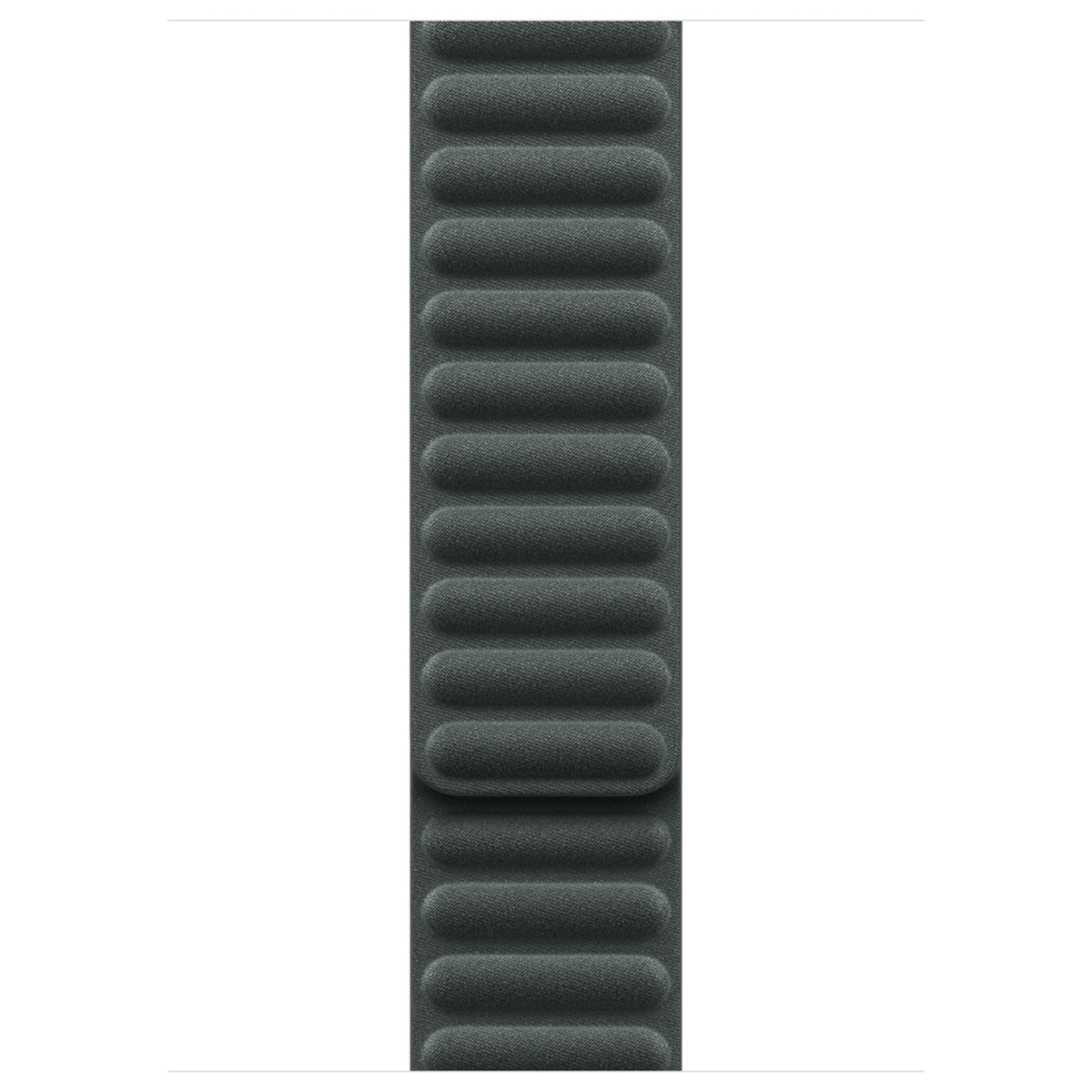 Dunkelgraues Armband mit magnetischen Schnallen, das auf einer weißen Fläche liegt.