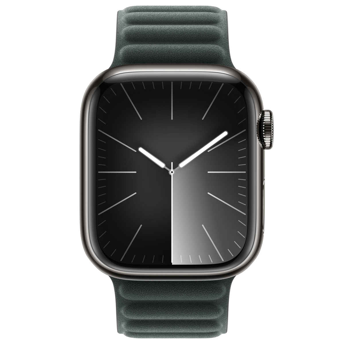 Eine graue Smartwatch mit schwarzem Zifferblatt und silbernen Zeigern.