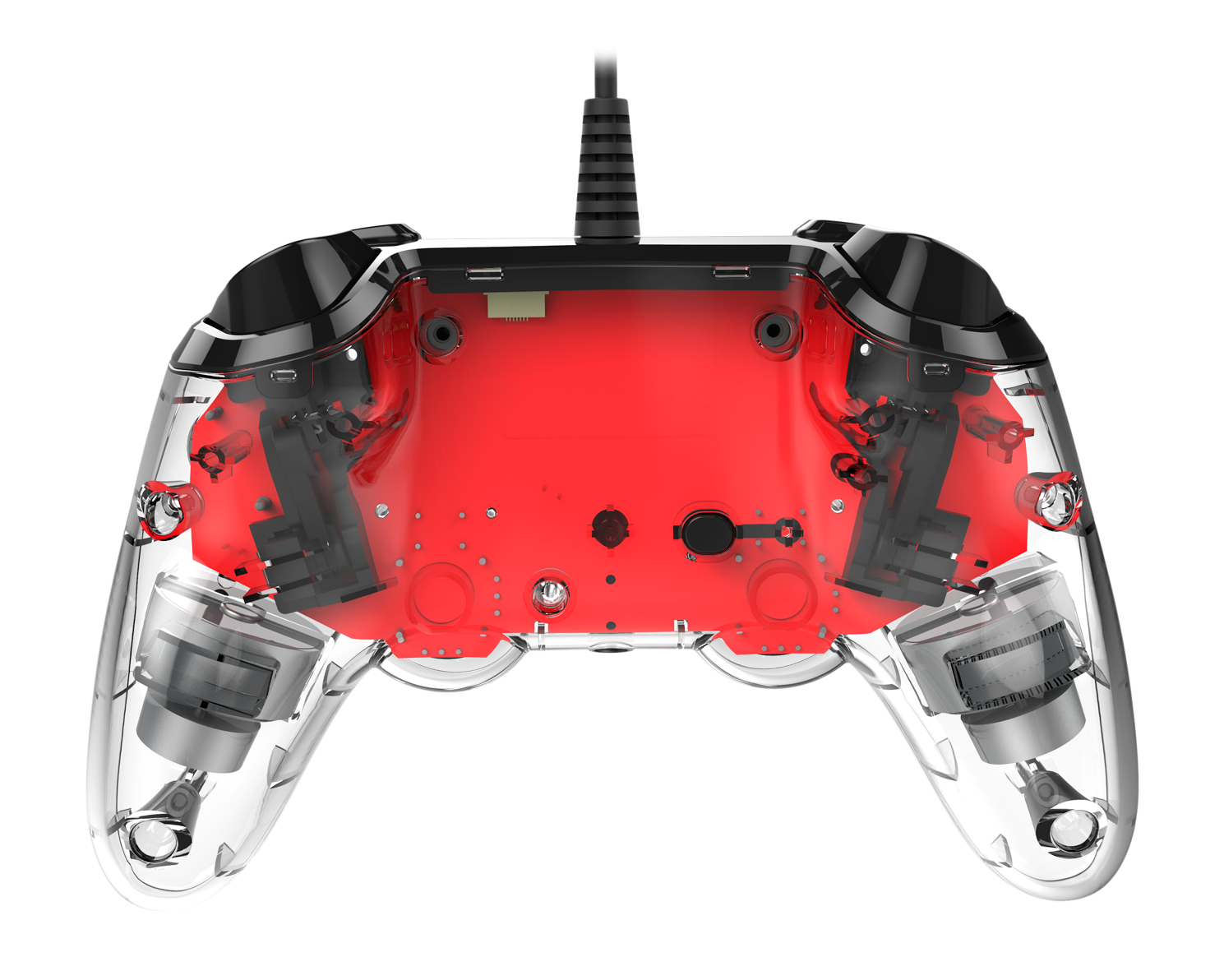 Controller trasparente con illuminazione interna rossa e componenti visibili.