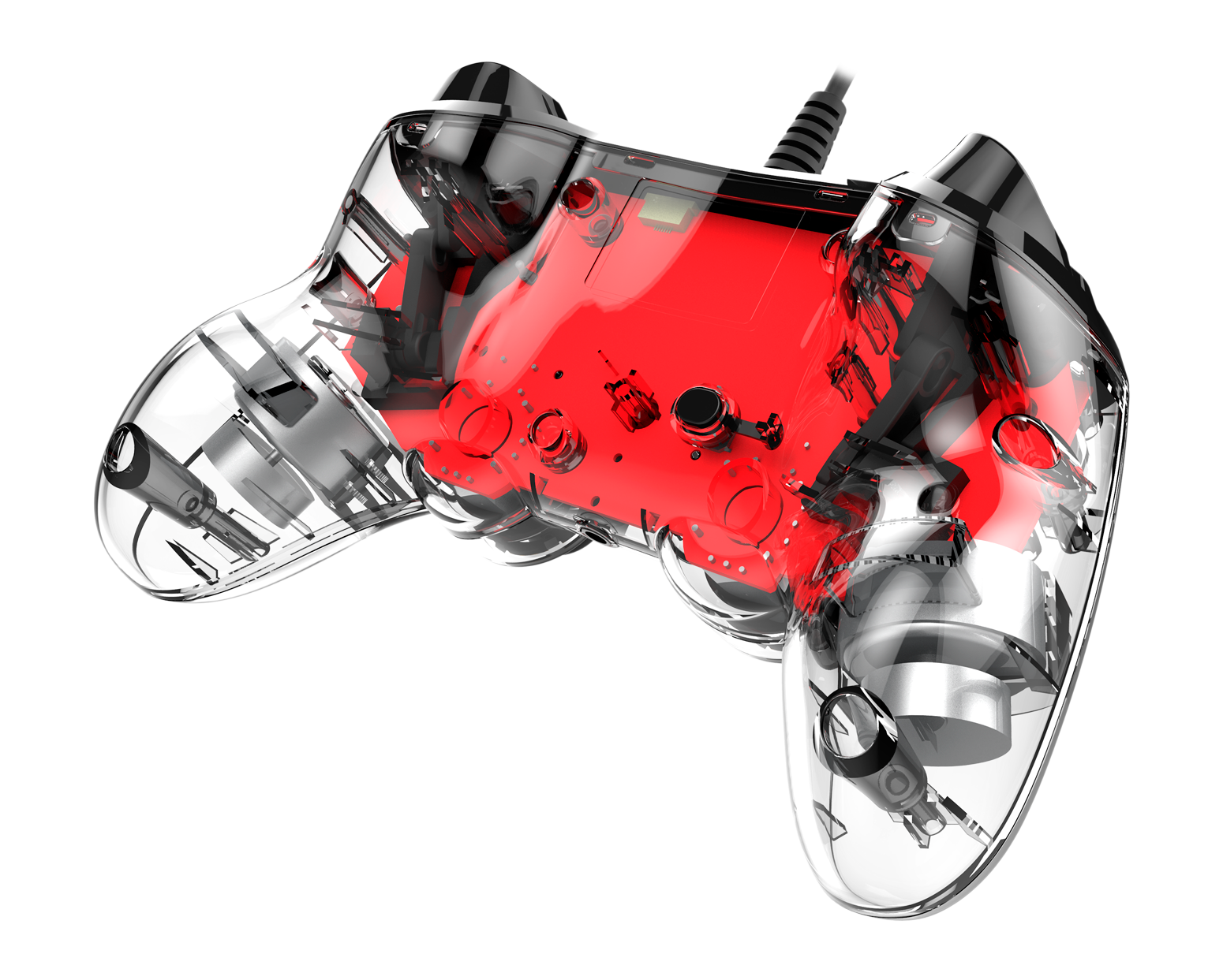 Controller trasparente con interno rosso su sfondo nero.