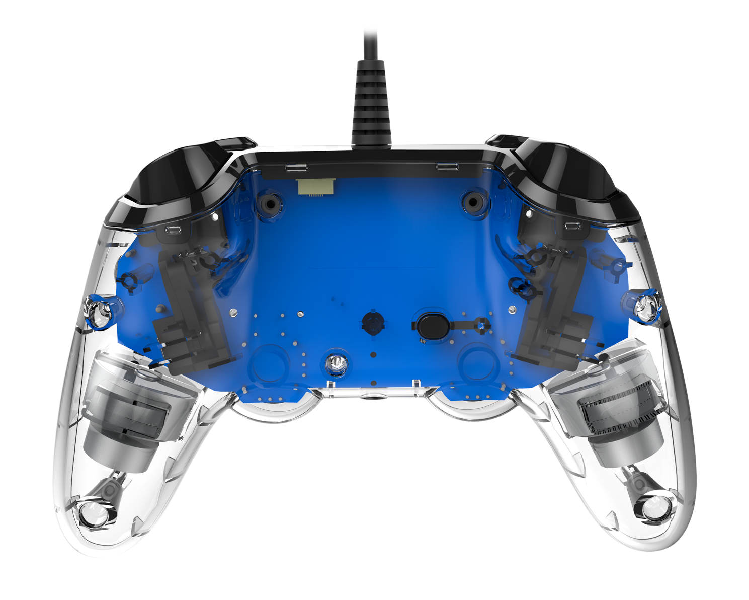 Controller di gioco trasparente che mostra componenti interni blu e circuiti.