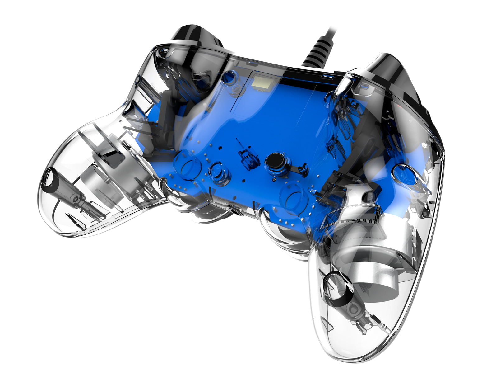 Controller trasparente con componenti interni blu su sfondo nero.