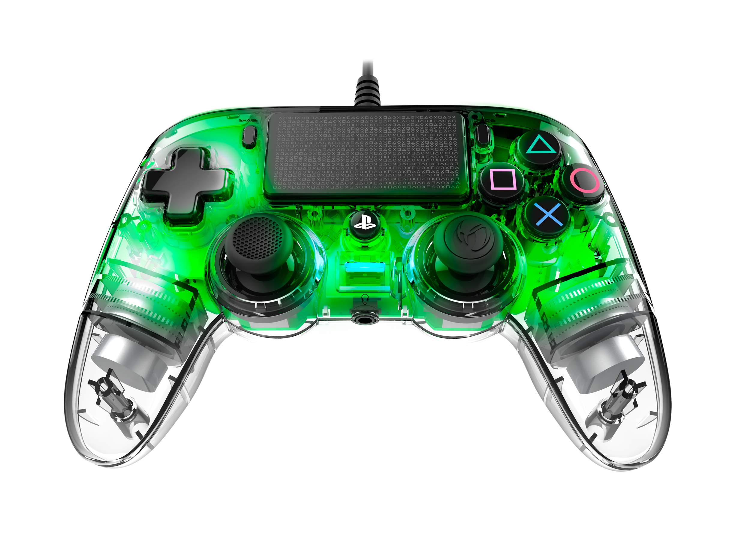 Transparante groene controller met zwarte knoppen en lampjes op zwarte achtergrond.