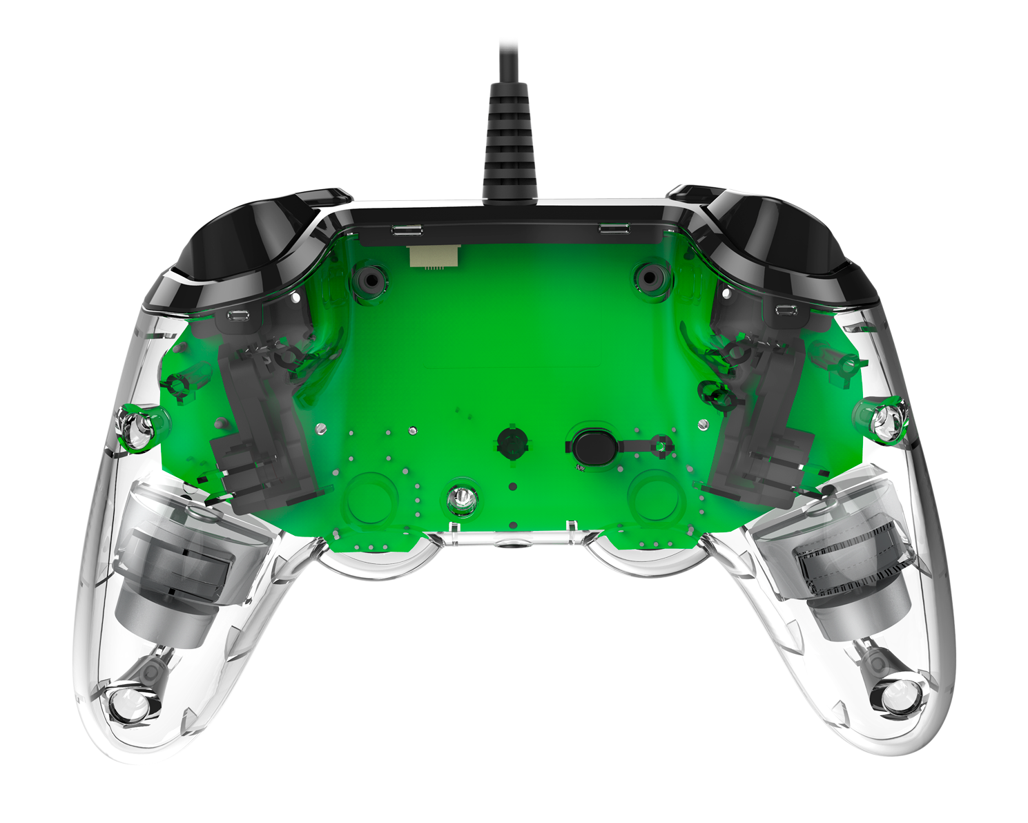 Een transparante controller met een groene printplaat en zichtbare interne componenten.