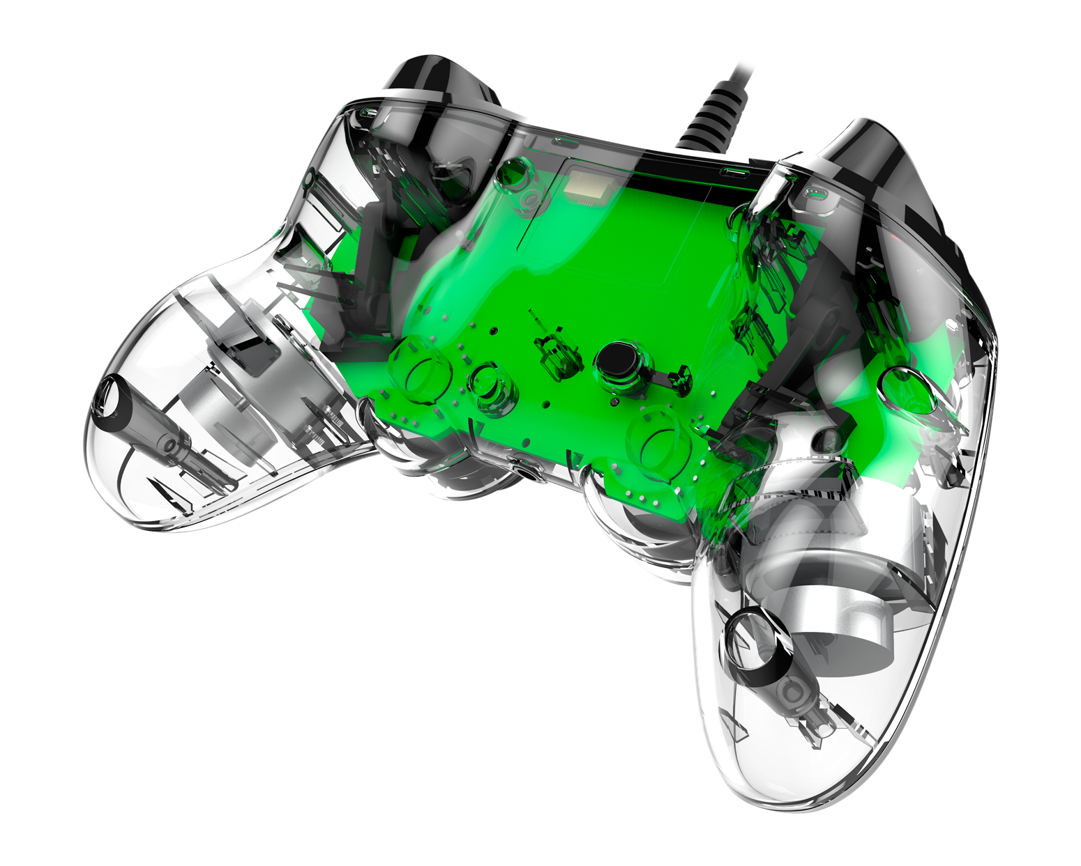 Transparante controller met groene printplaat en zwarte details op zwarte achtergrond.