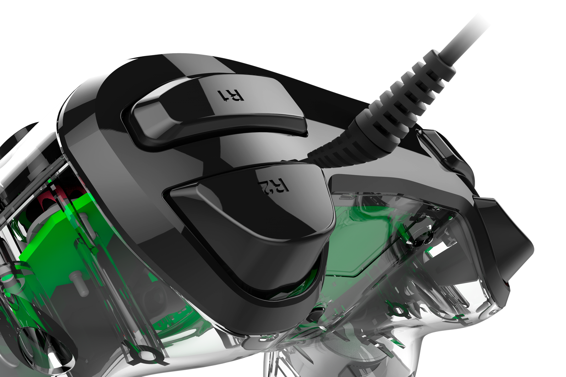 Close-up van een transparante controller met groene interne verlichting en R1/R2 knoppen.