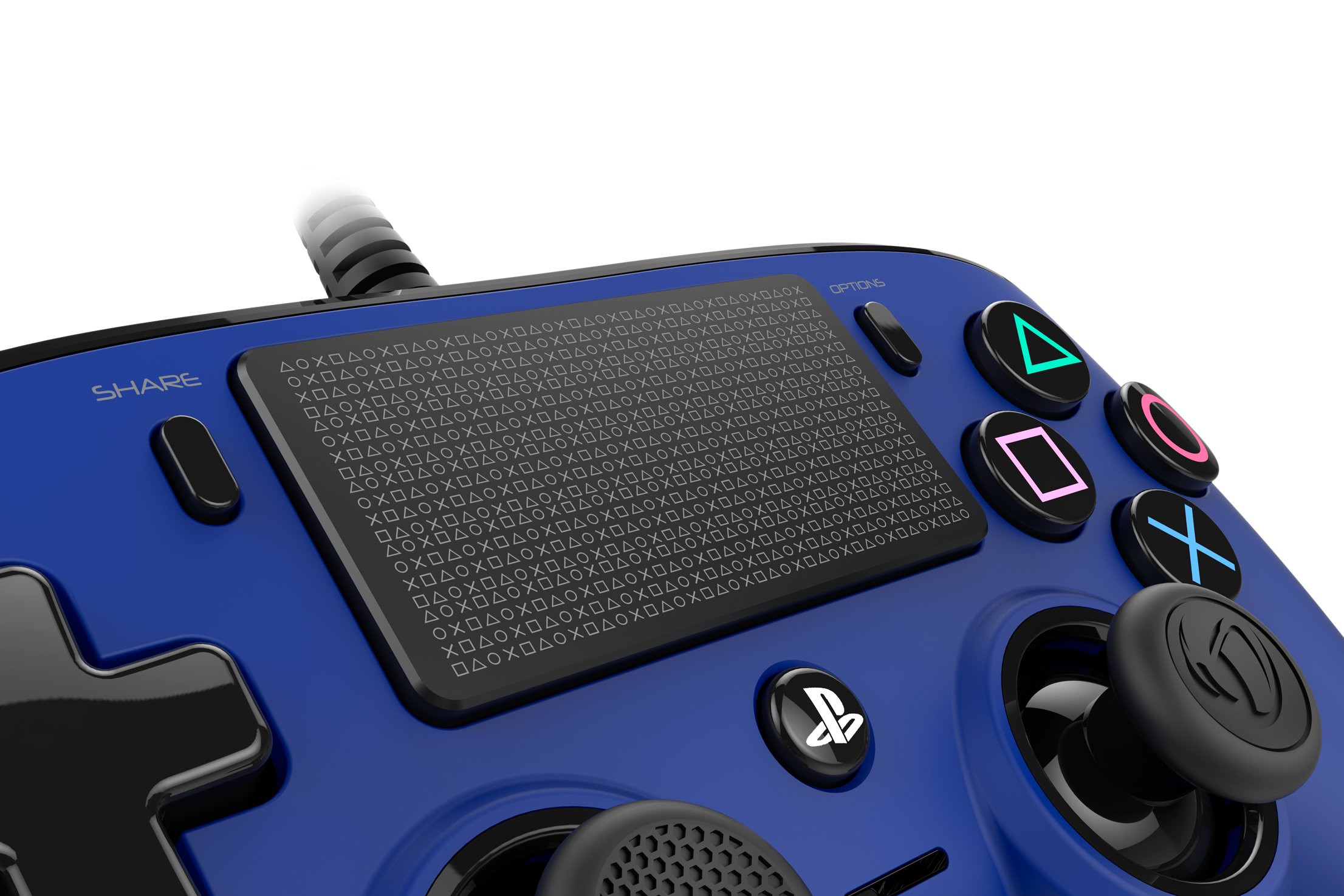 Controller da gioco blu con simboli e pulsanti, primo piano.