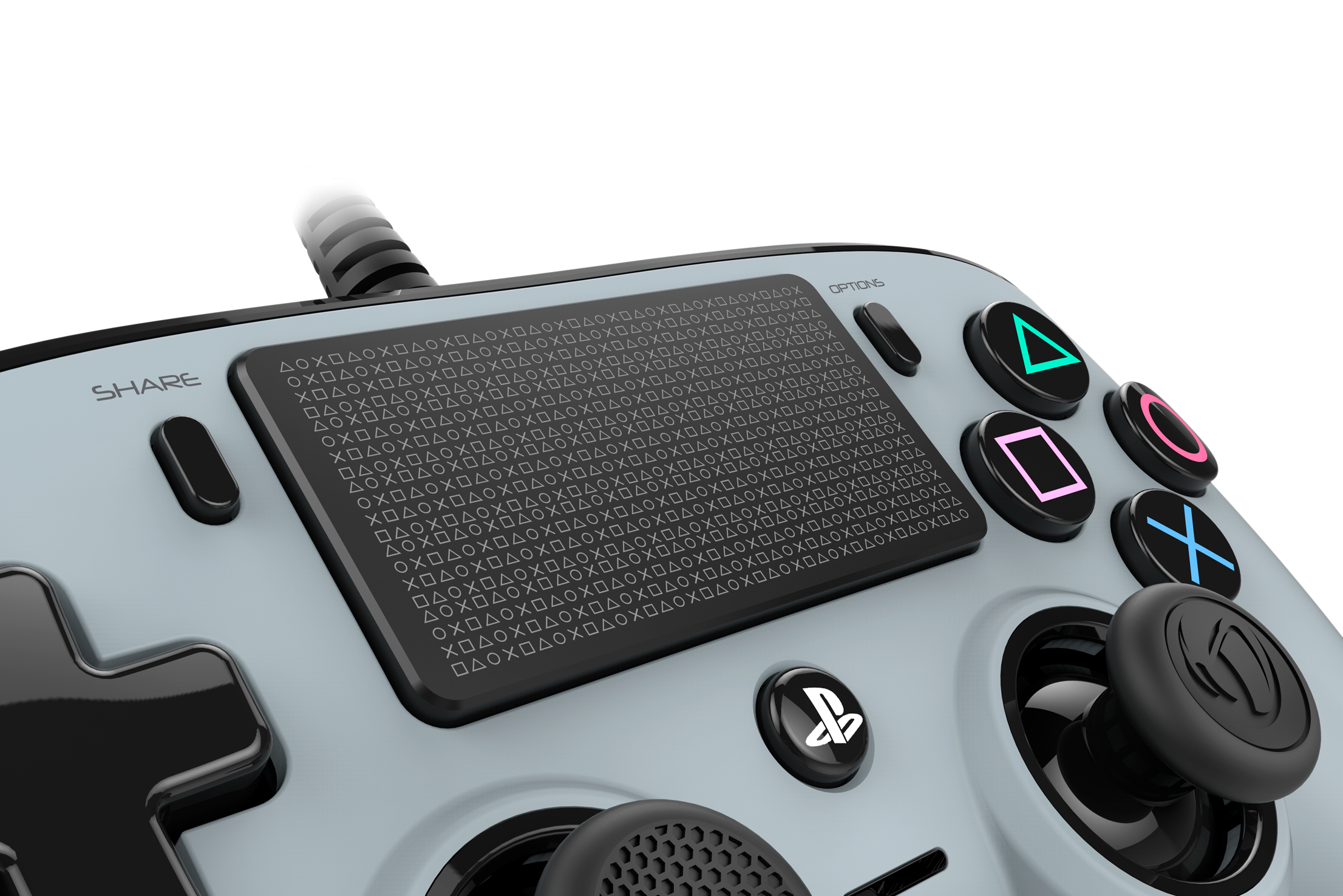 Grauer Gaming-Controller mit schwarzen Tasten und Symbolen.