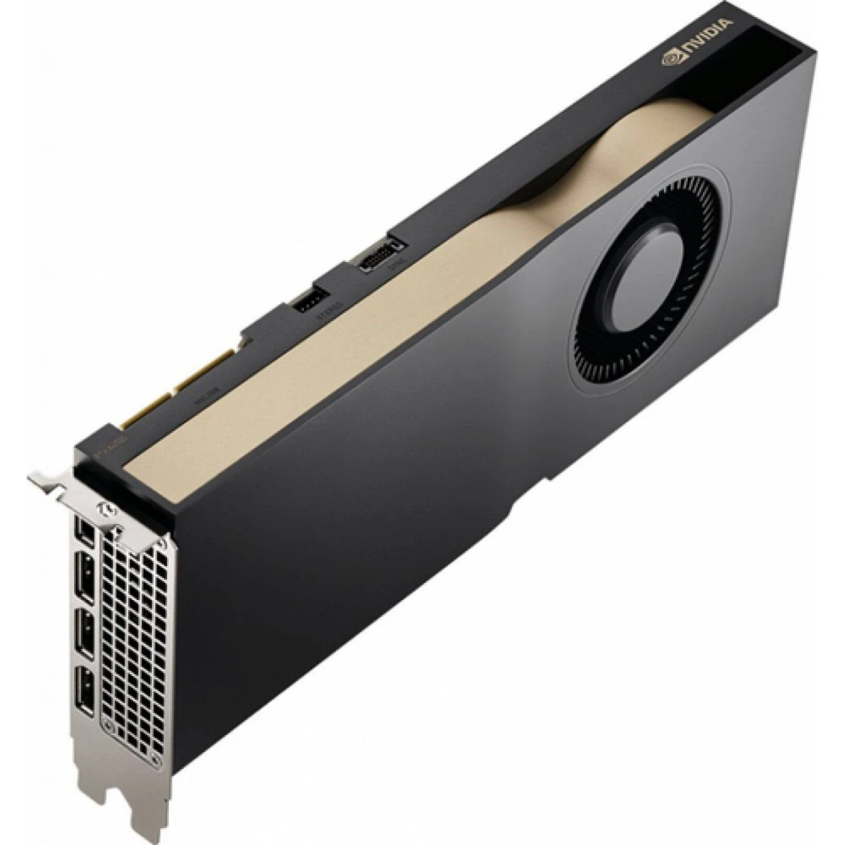 Una scheda grafica NVIDIA nera con ventola e porte.