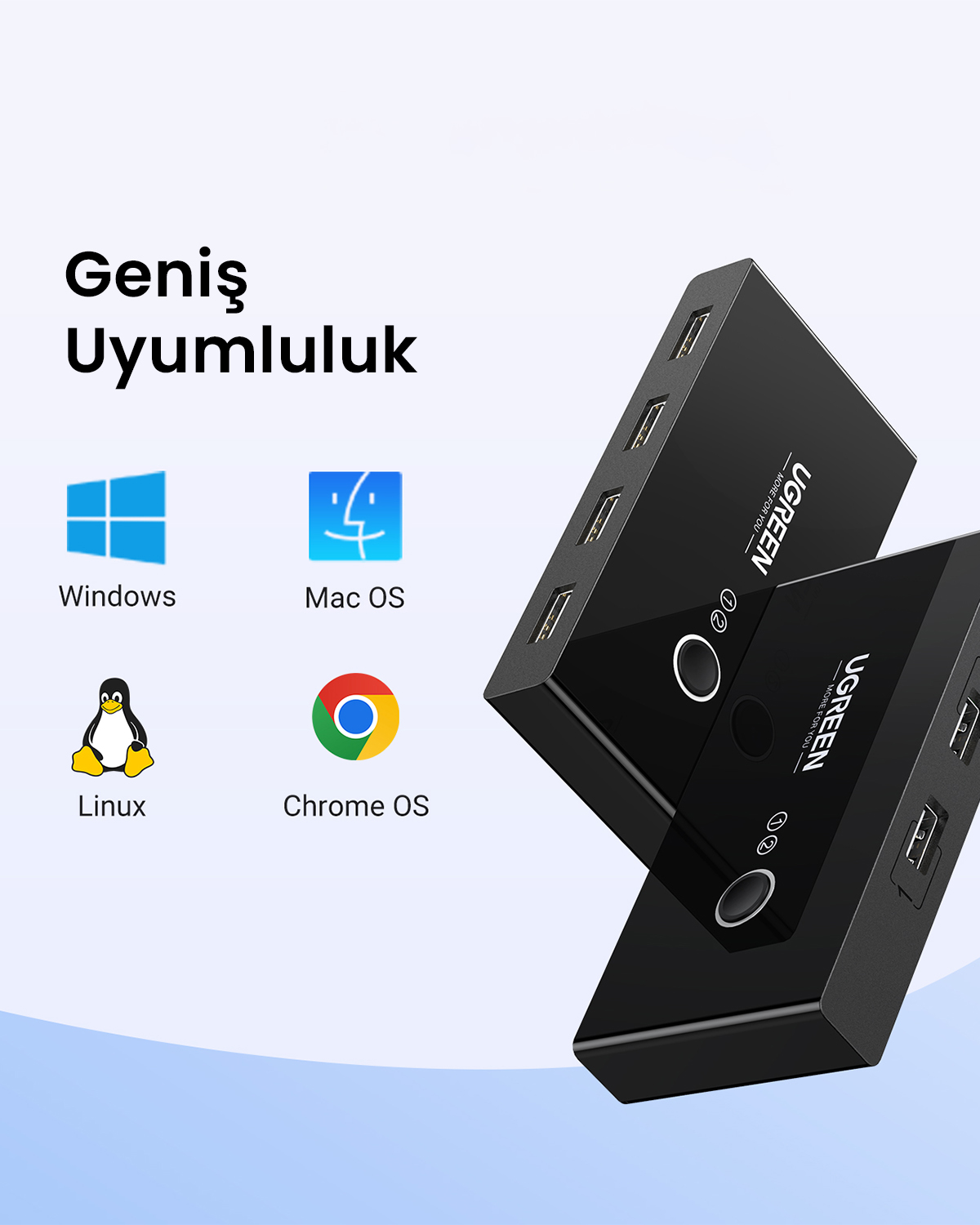 Zwei schwarze USB-Hubs mit mehreren Anschlüssen, kompatibel mit Windows, Mac, Linux, Chrome OS.