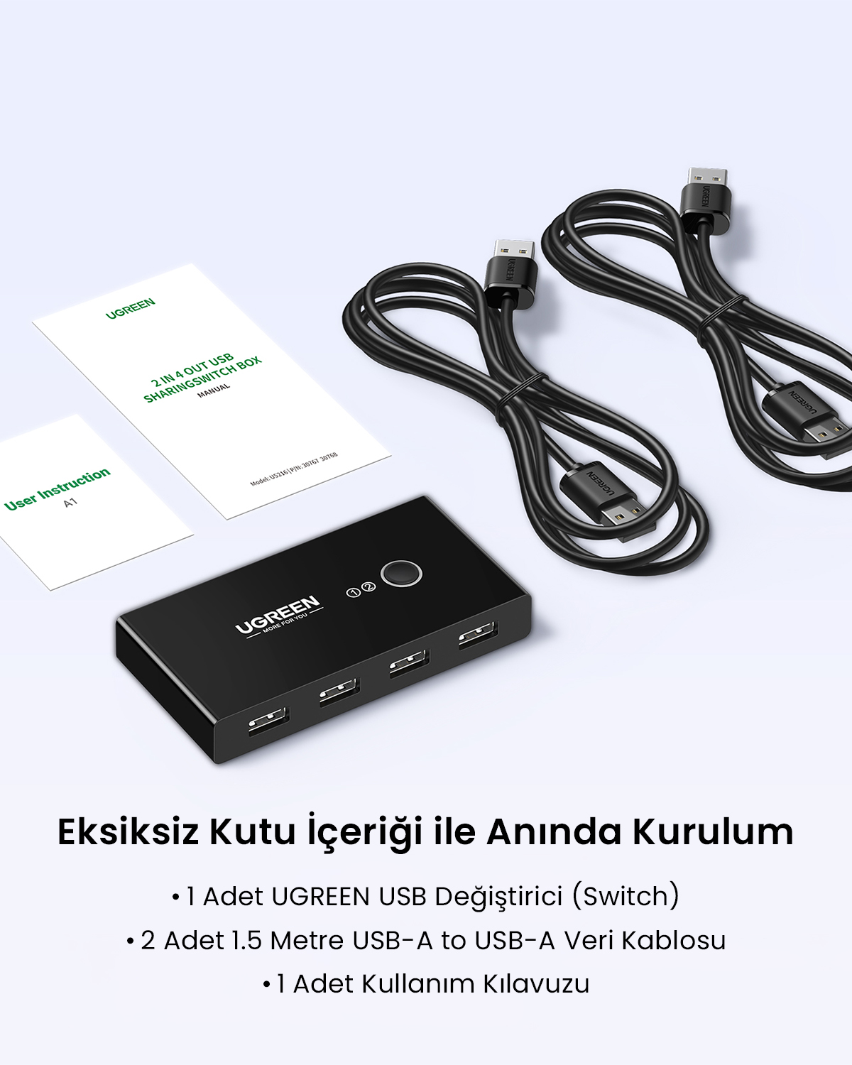 Ein schwarzer UGREEN USB-Sharing-Switch mit zwei Kabeln und Anleitungen.