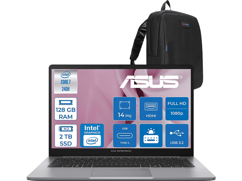ASUS ExpertBook P1 P1403CVA PC716512G0DF39 Intel Core i7-240H 128 GB RAM 2 TB SSD 14 inç FreeDOS Laptop+Çanta Siyah