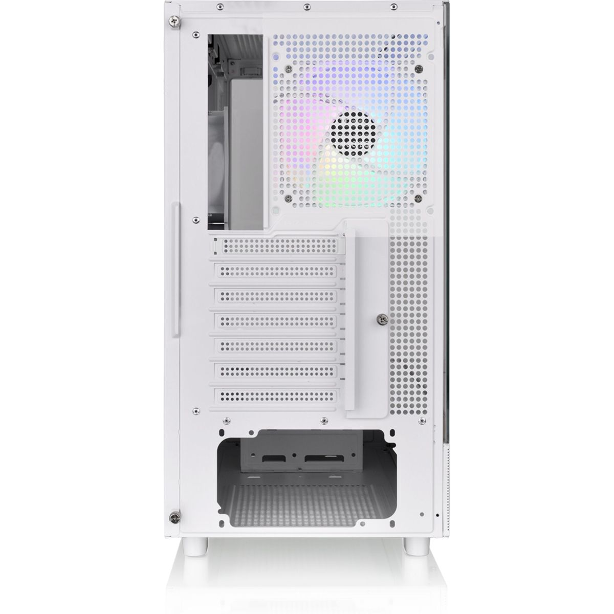 Vue intérieure boîtier PC blanc. Ventilateur RGB en haut à droite. Fentes ventilées et baies disques.