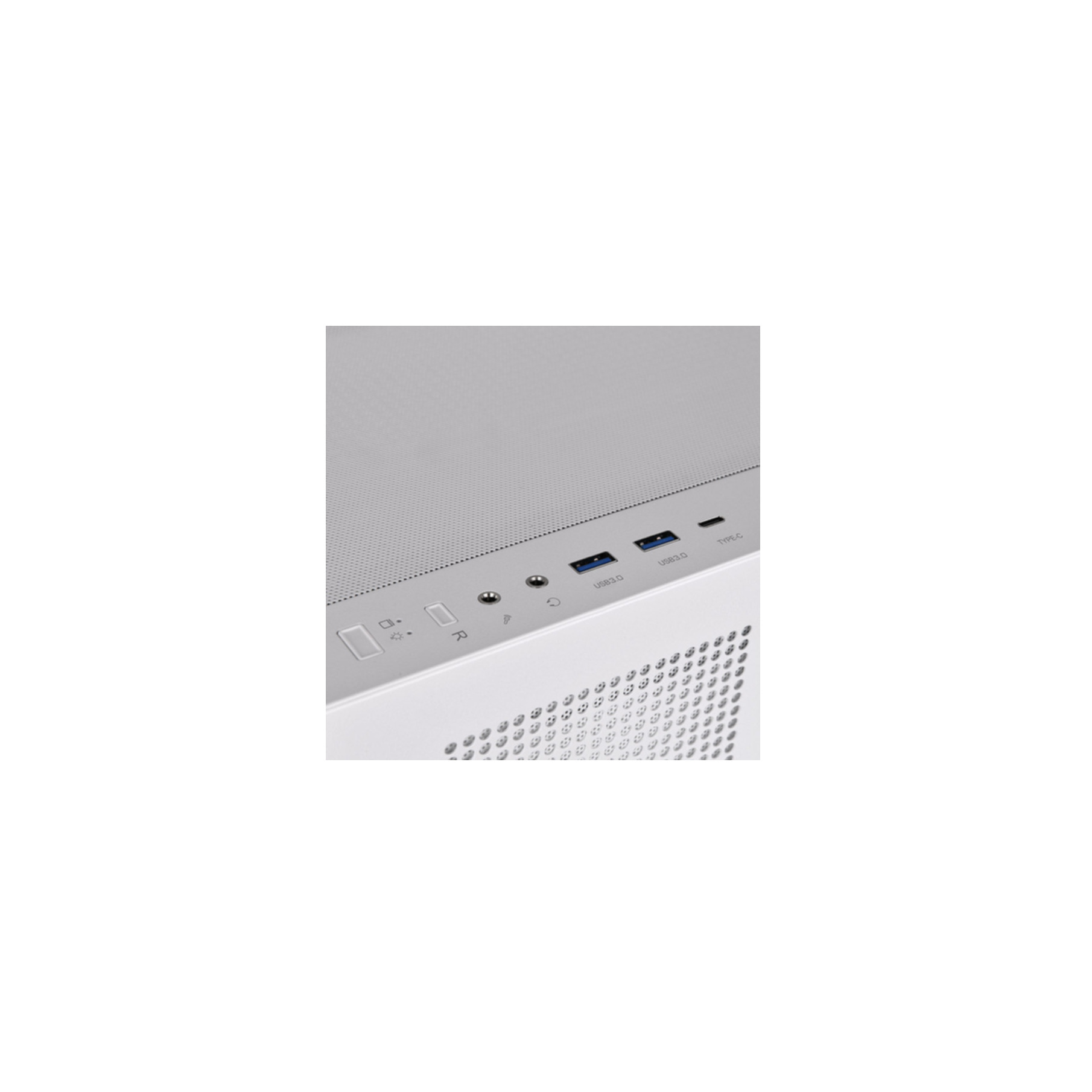 Dessus de boîtier PC blanc avec ports USB et audio.