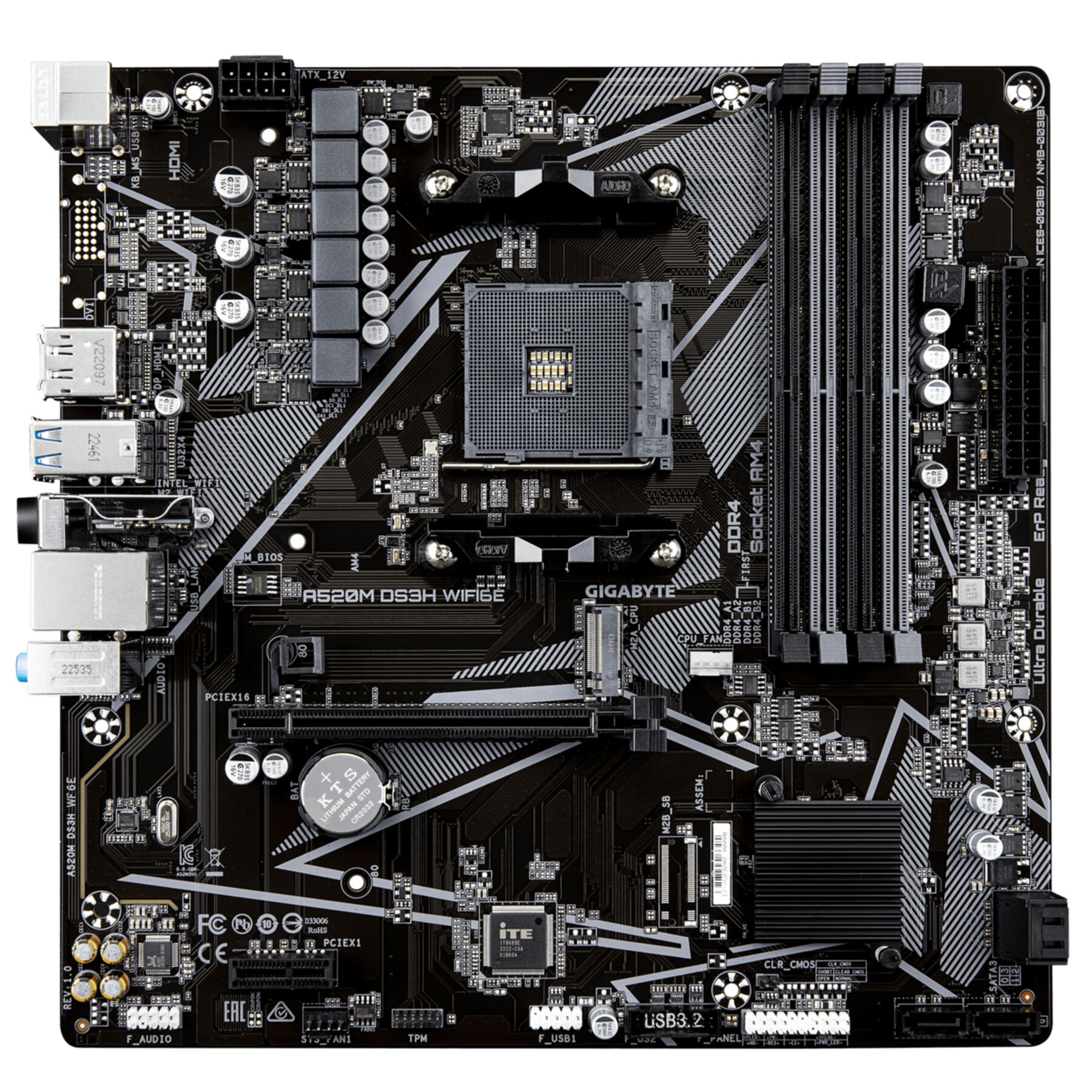 Zwart moederbord met CPU-socket, RAM-sleuven en poorten.